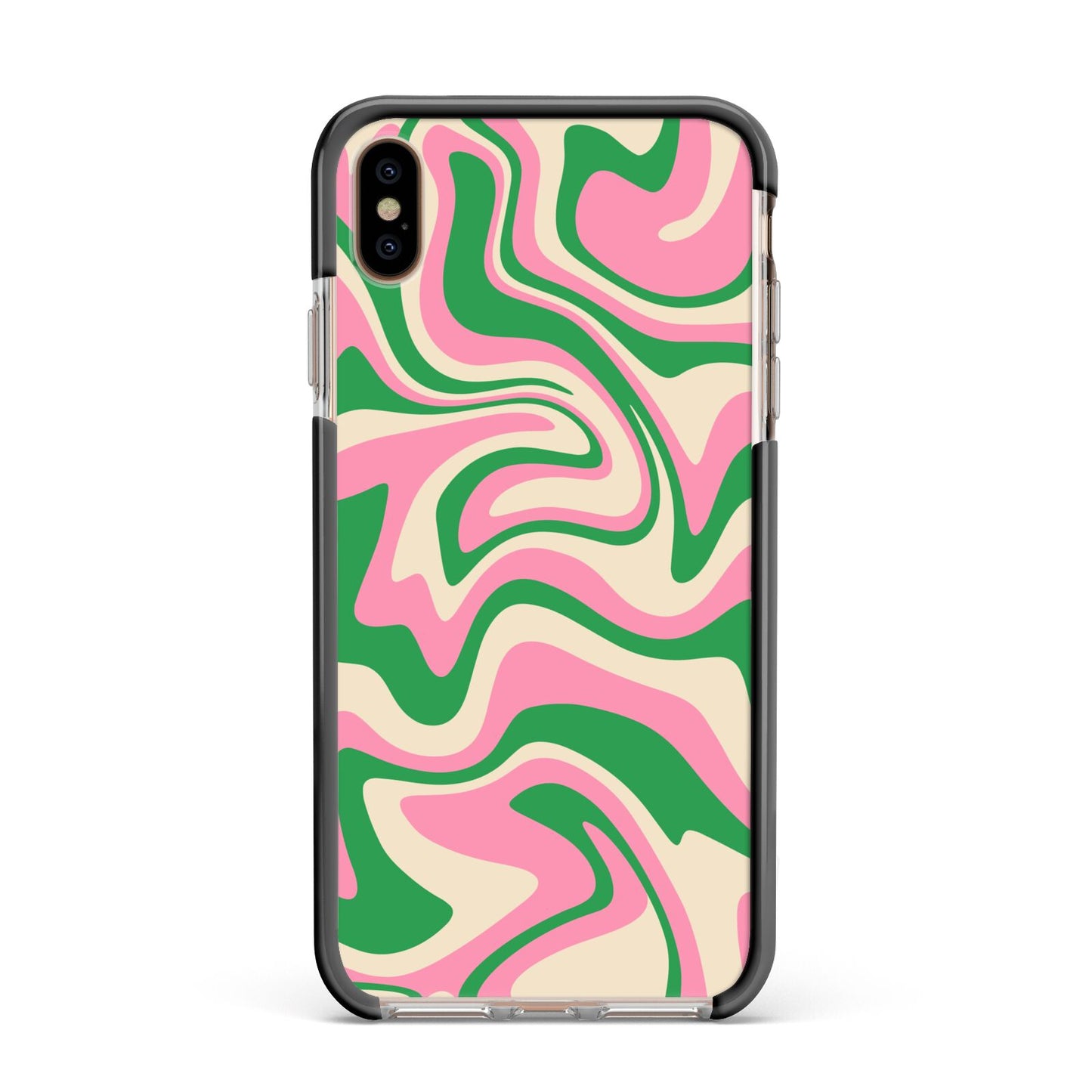 Pink And Green Swirl Apple iPhone Xs Max Impact Case Black Edge on Gold Phone