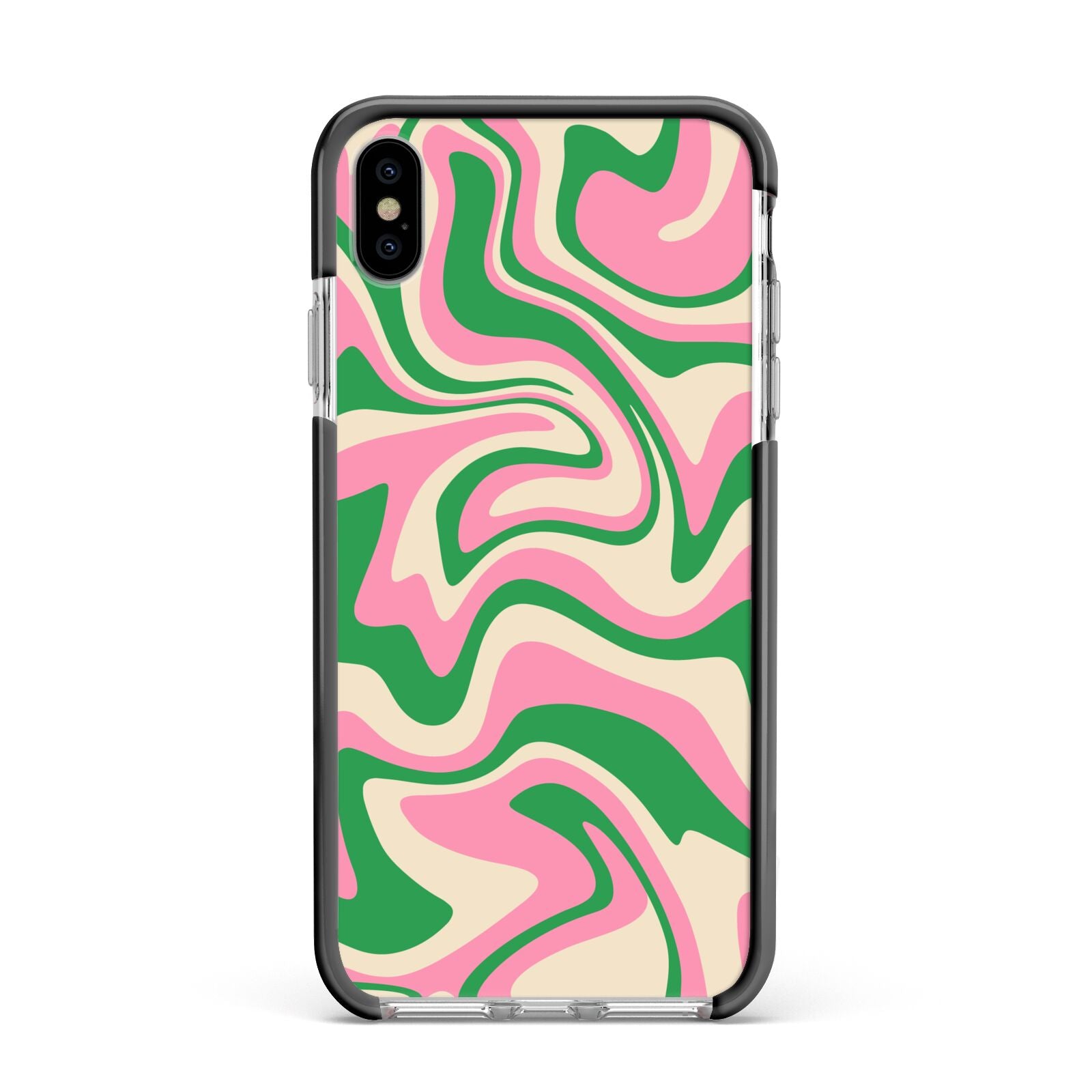 Pink And Green Swirl Apple iPhone Xs Max Impact Case Black Edge on Silver Phone