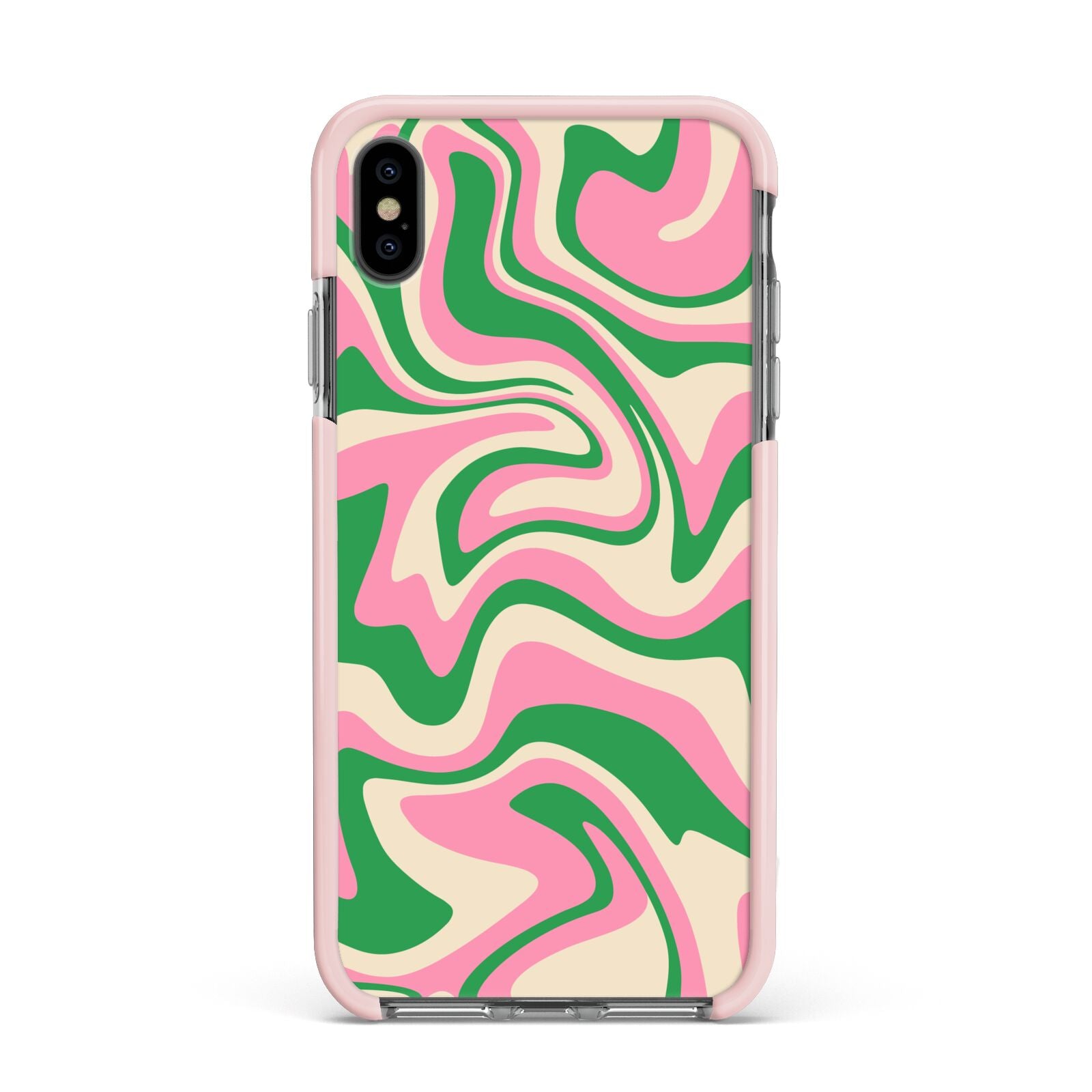 Pink And Green Swirl Apple iPhone Xs Max Impact Case Pink Edge on Black Phone