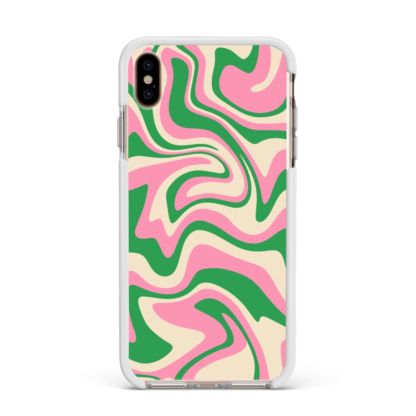 Pink And Green Swirl Apple iPhone Xs Max Impact Case White Edge on Gold Phone