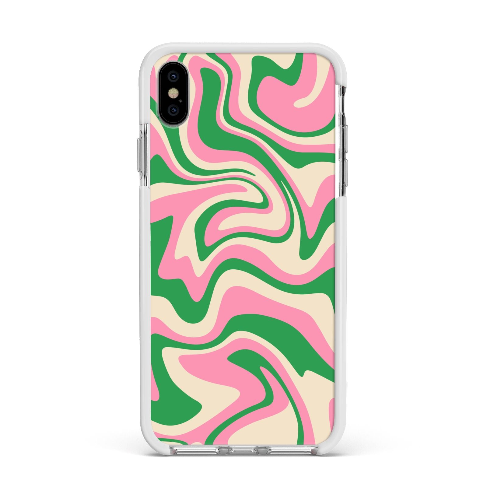 Pink And Green Swirl Apple iPhone Xs Max Impact Case White Edge on Silver Phone