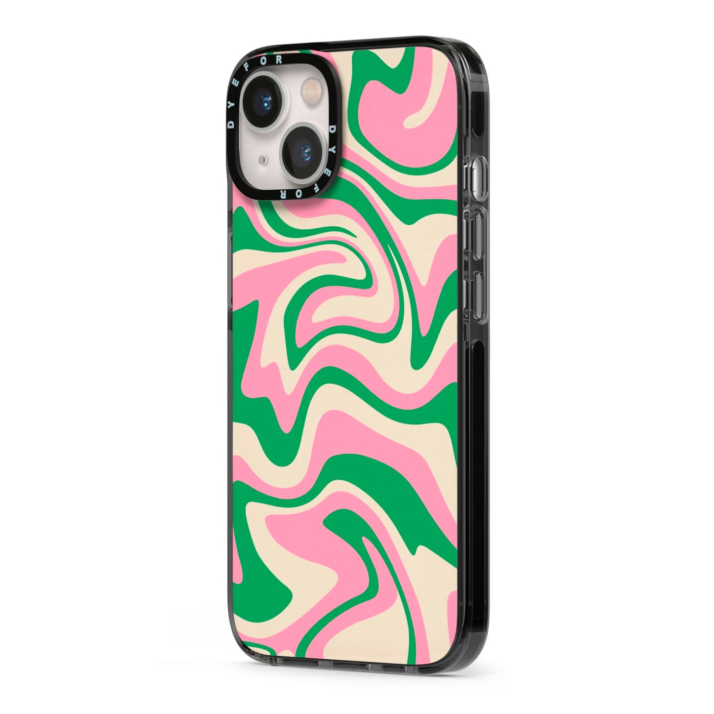 Pink And Green Swirl iPhone 13 Black Impact Case Side Angle on Silver phone