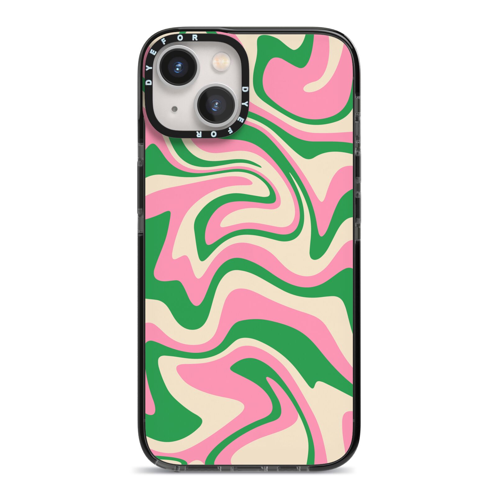 Pink And Green Swirl iPhone 13 Black Impact Case on Silver phone