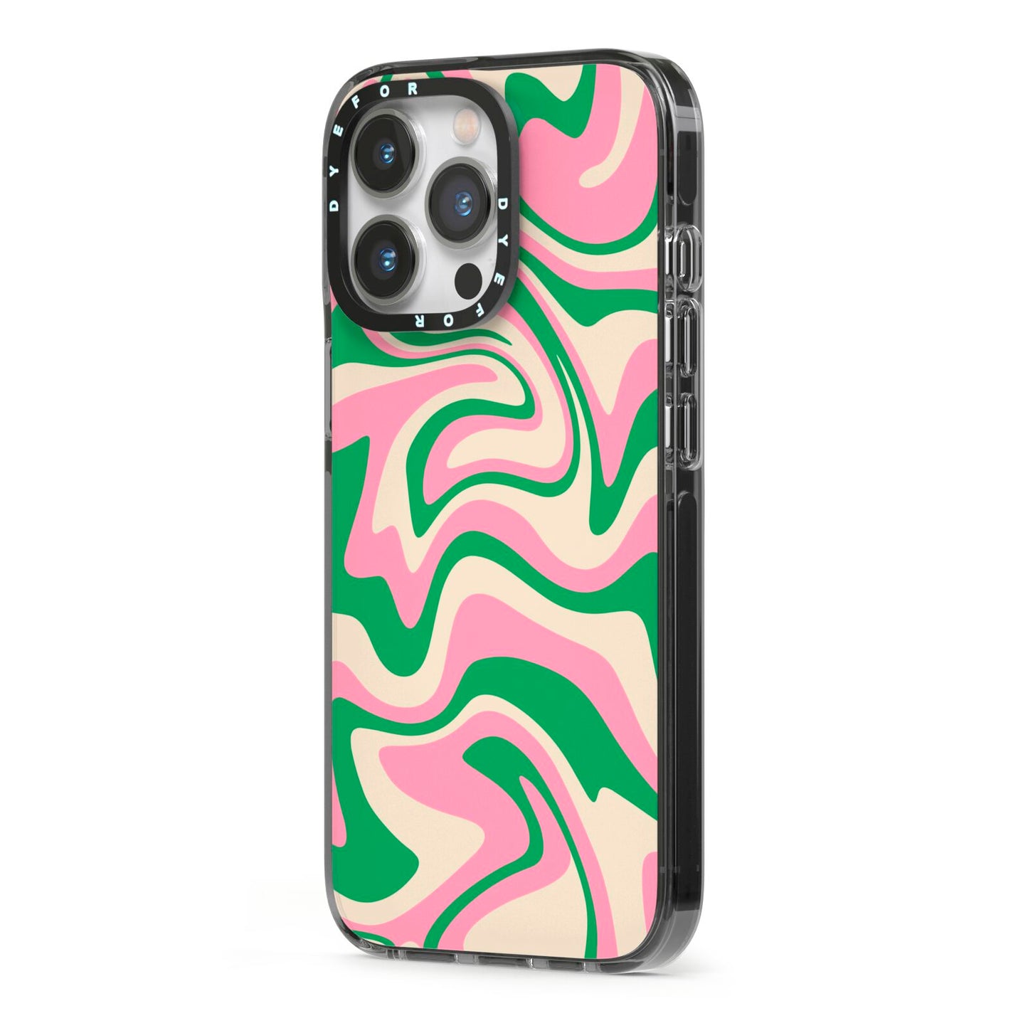 Pink And Green Swirl iPhone 13 Pro Black Impact Case Side Angle on Silver phone