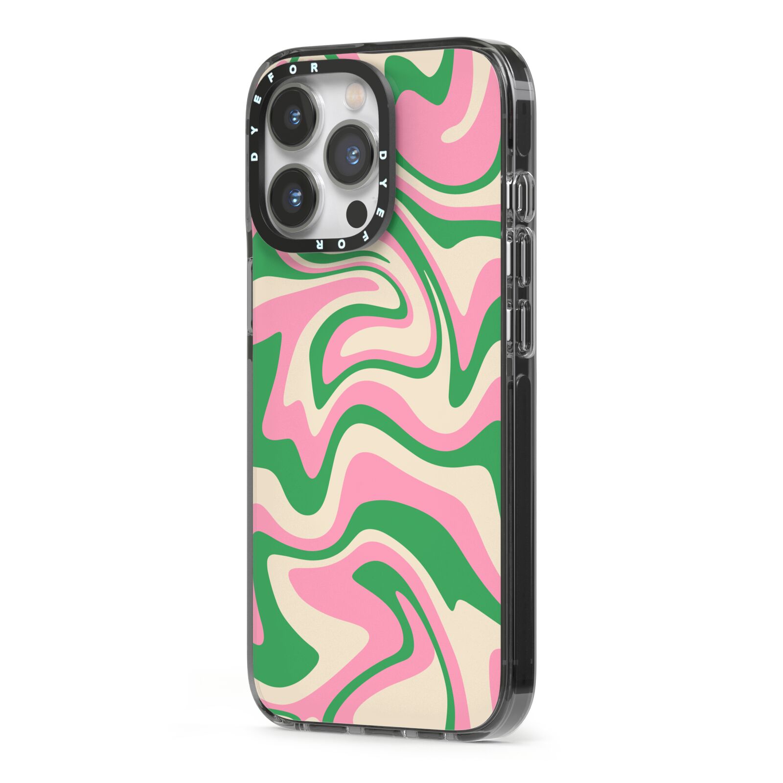 Pink And Green Swirl iPhone 13 Pro Black Impact Case Side Angle on Silver phone