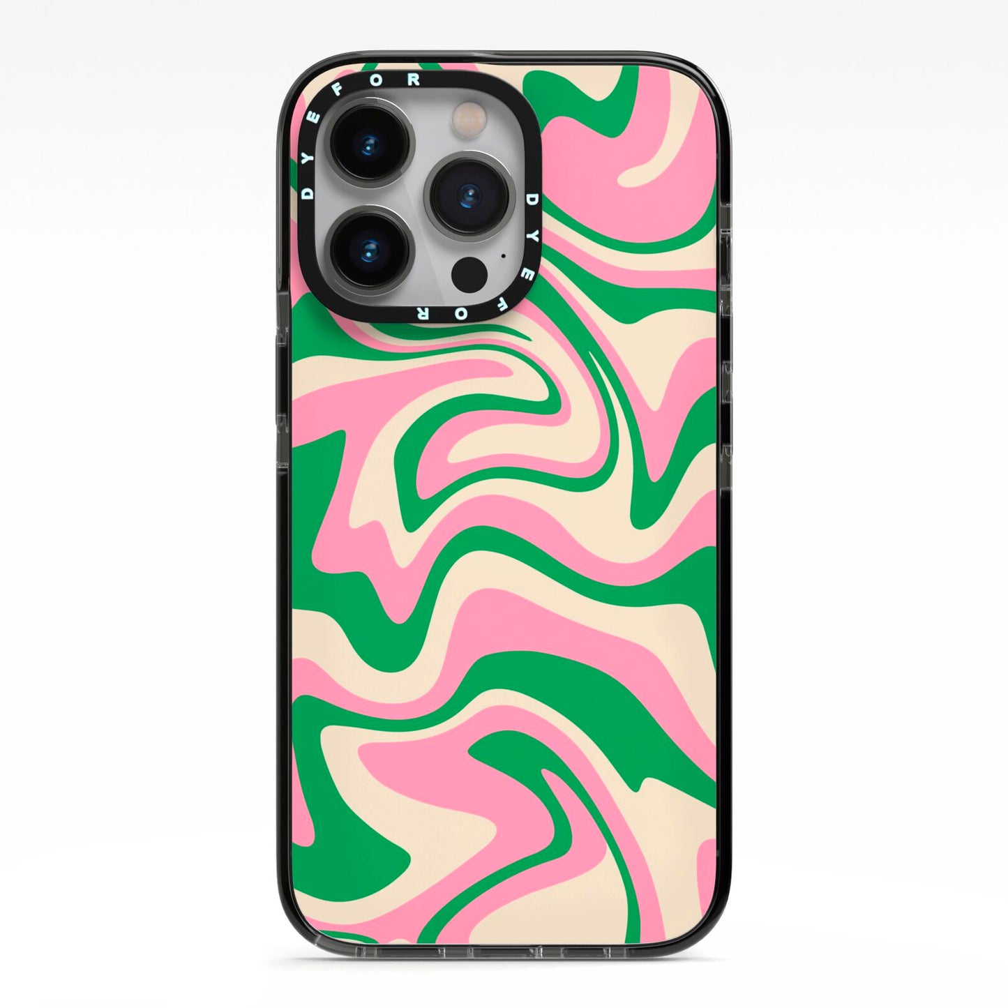 Pink And Green Swirl iPhone 13 Pro Black Impact Case on Silver phone