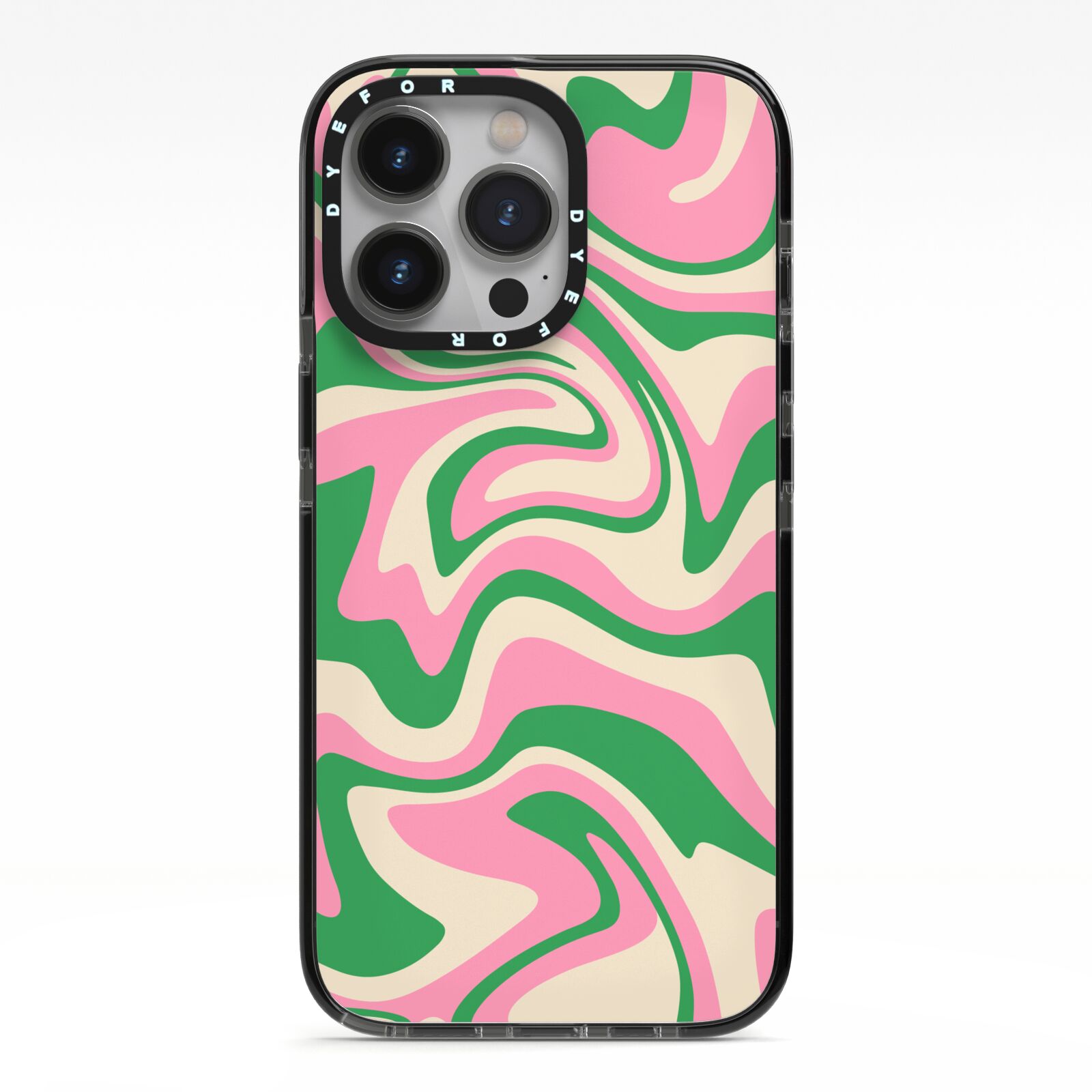 Pink And Green Swirl iPhone 13 Pro Black Impact Case on Silver phone