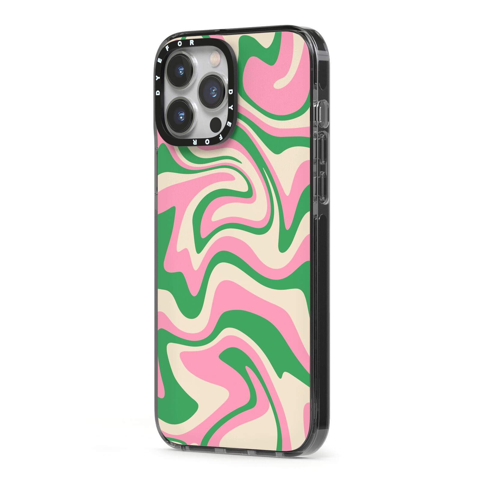 Pink And Green Swirl iPhone 13 Pro Max Black Impact Case Side Angle on Silver phone