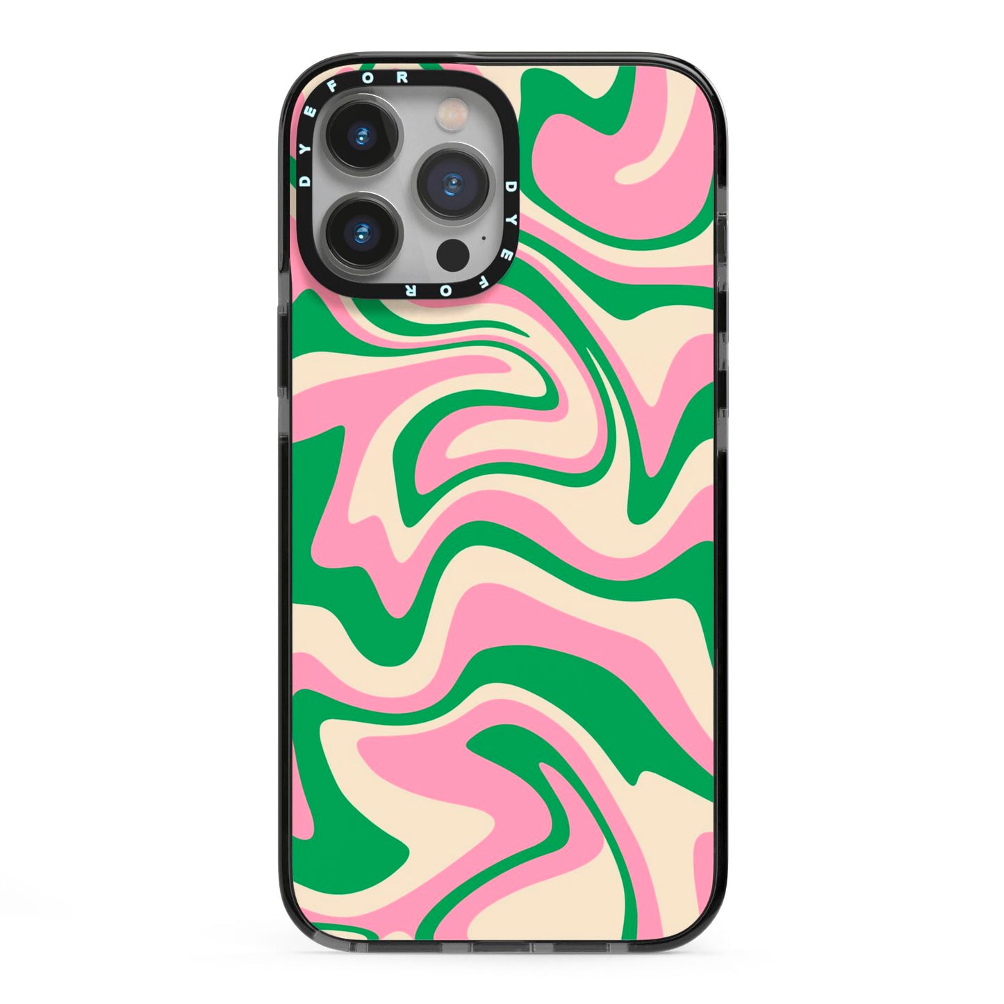 Pink And Green Swirl iPhone 13 Pro Max Black Impact Case on Silver phone