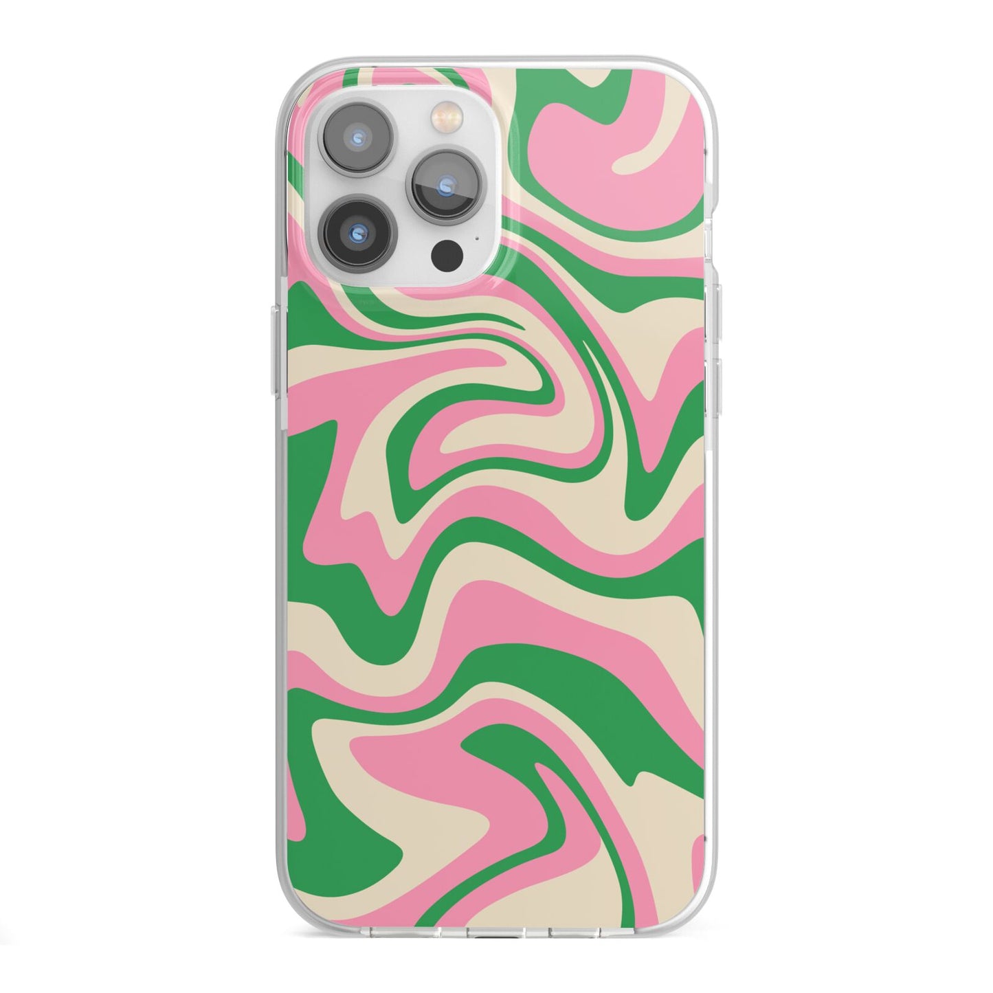 Pink And Green Swirl iPhone 13 Pro Max TPU Impact Case with White Edges