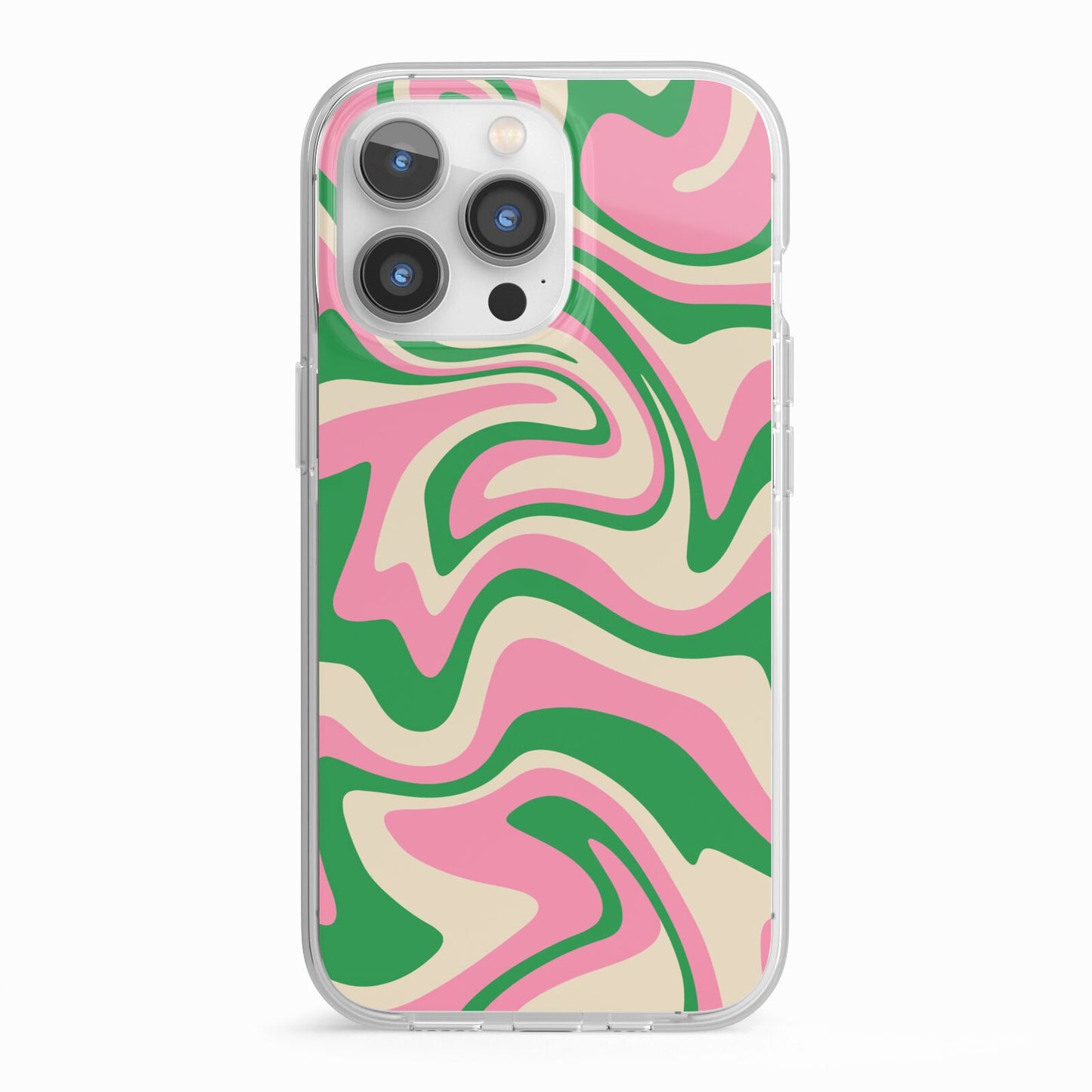 Pink And Green Swirl iPhone 13 Pro TPU Impact Case with White Edges