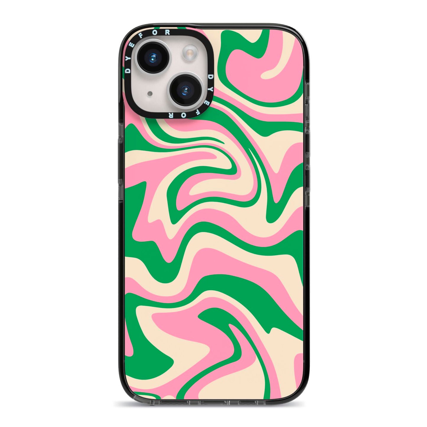 Pink And Green Swirl iPhone 14 Black Impact Case on Silver phone