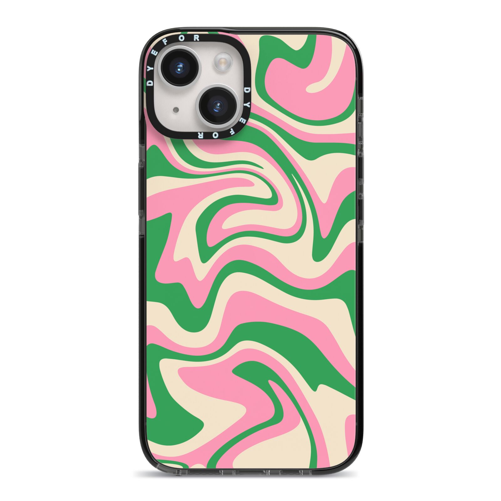 Pink And Green Swirl iPhone 14 Black Impact Case on Silver phone