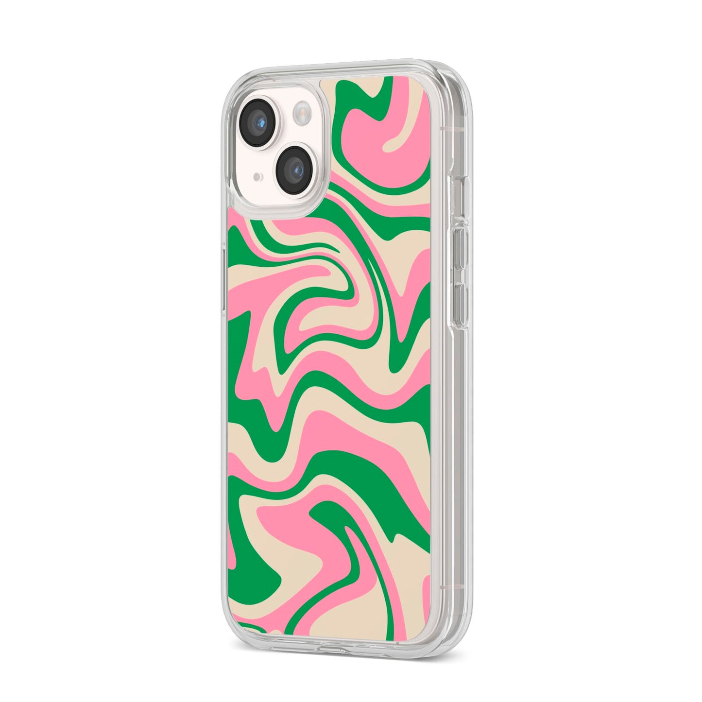 Pink And Green Swirl iPhone 14 Clear Tough Case Starlight Angled Image