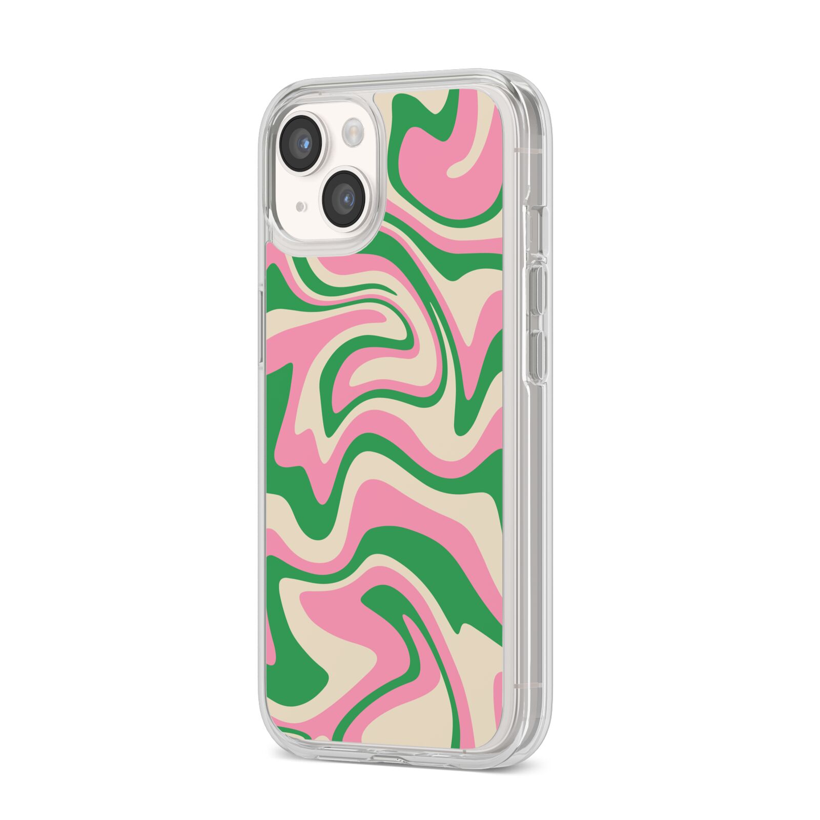 Pink And Green Swirl iPhone 14 Clear Tough Case Starlight Angled Image