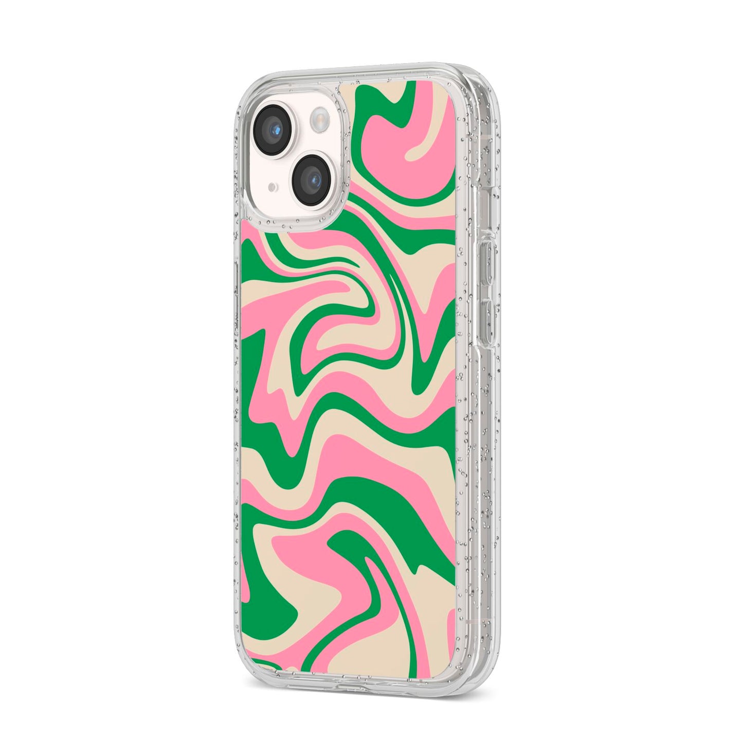 Pink And Green Swirl iPhone 14 Glitter Tough Case Starlight Angled Image