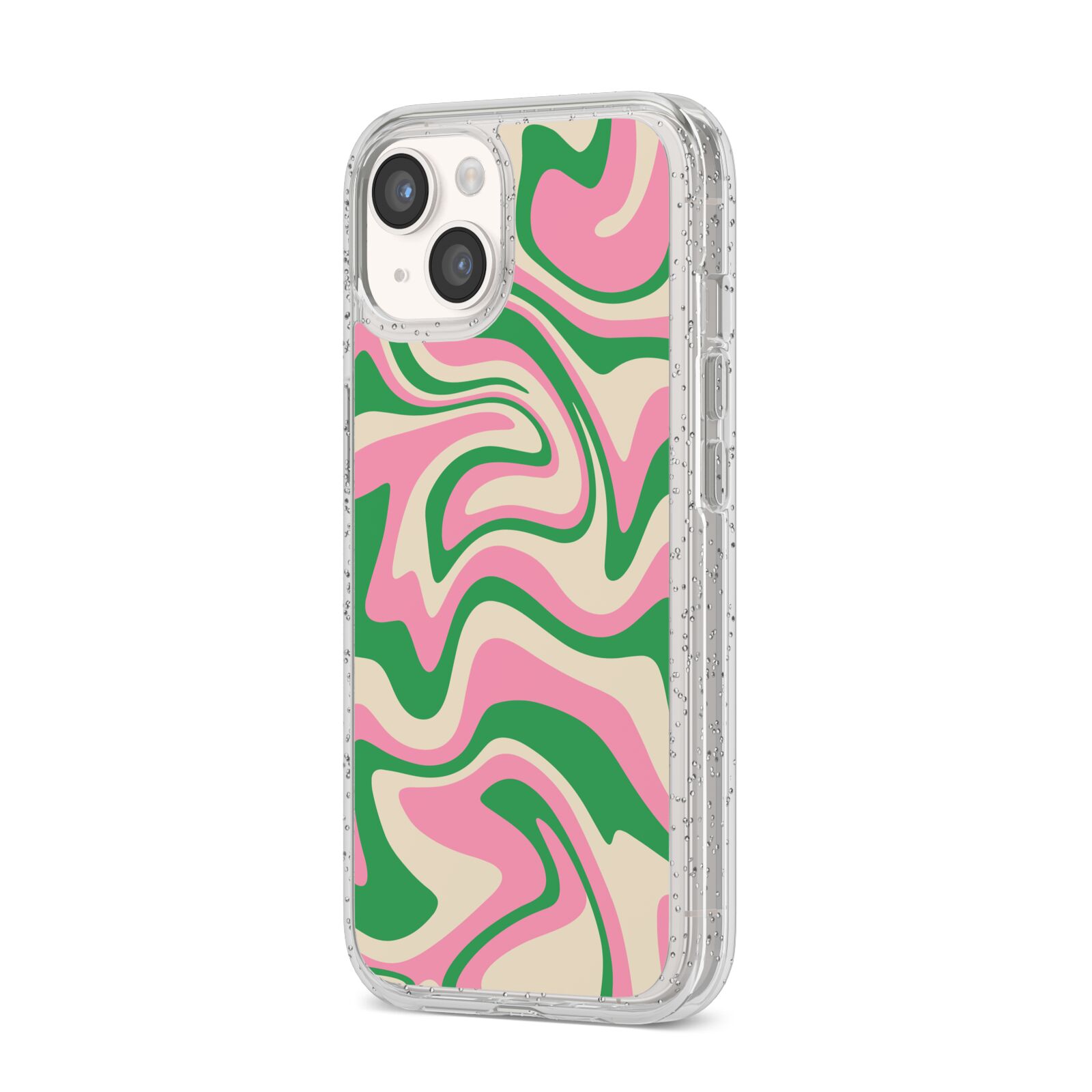 Pink And Green Swirl iPhone 14 Glitter Tough Case Starlight Angled Image