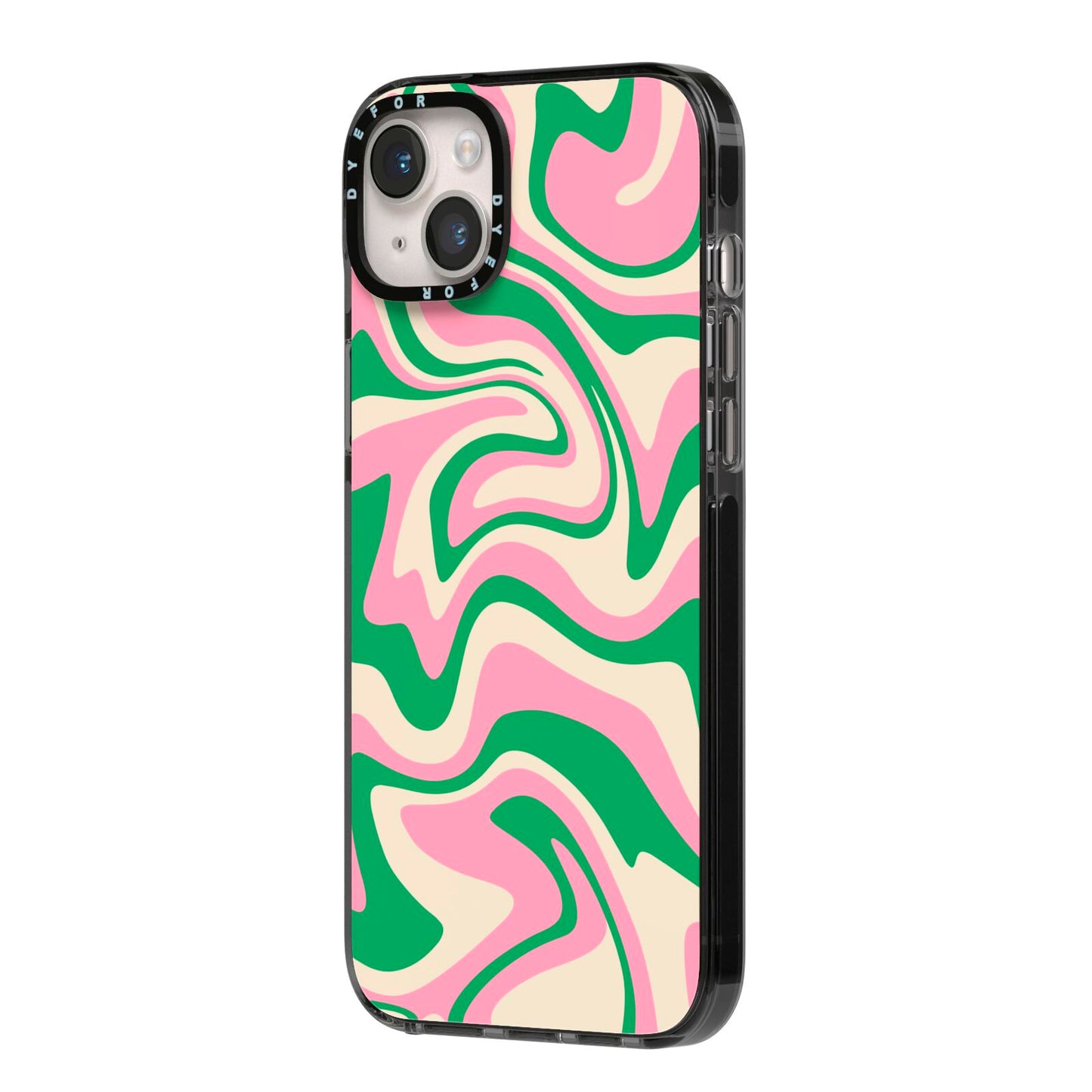 Pink And Green Swirl iPhone 14 Plus Black Impact Case Side Angle on Silver phone