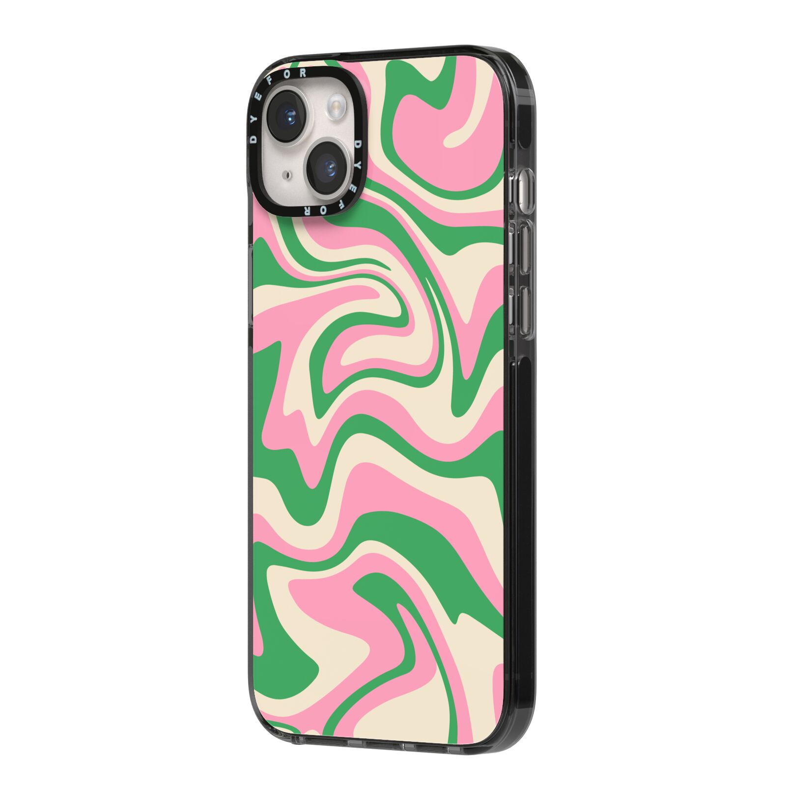 Pink And Green Swirl iPhone 14 Plus Black Impact Case Side Angle on Silver phone