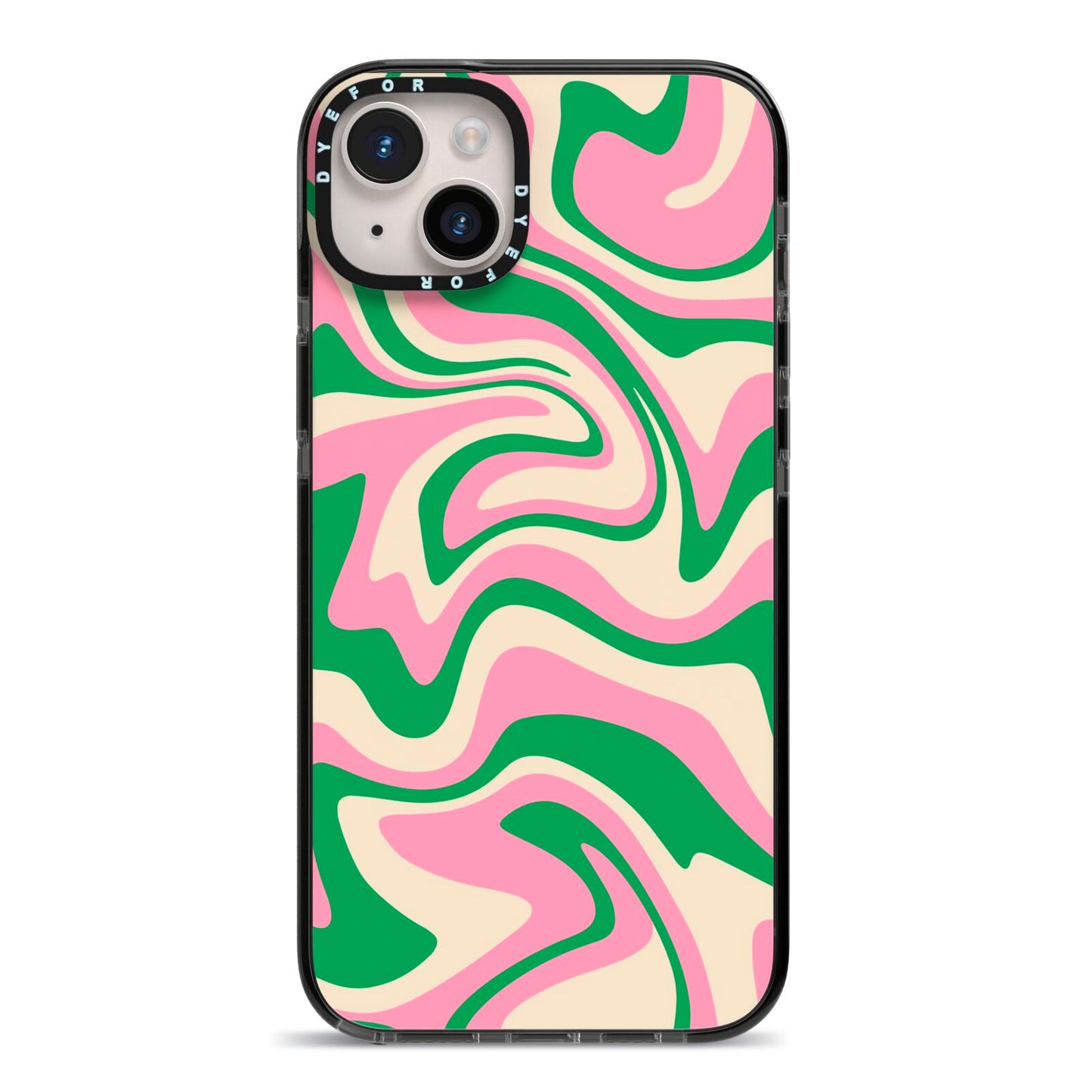 Pink And Green Swirl iPhone 14 Plus Black Impact Case on Silver phone