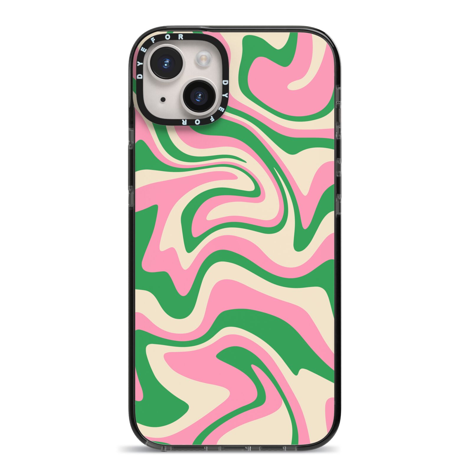 Pink And Green Swirl iPhone 14 Plus Black Impact Case on Silver phone