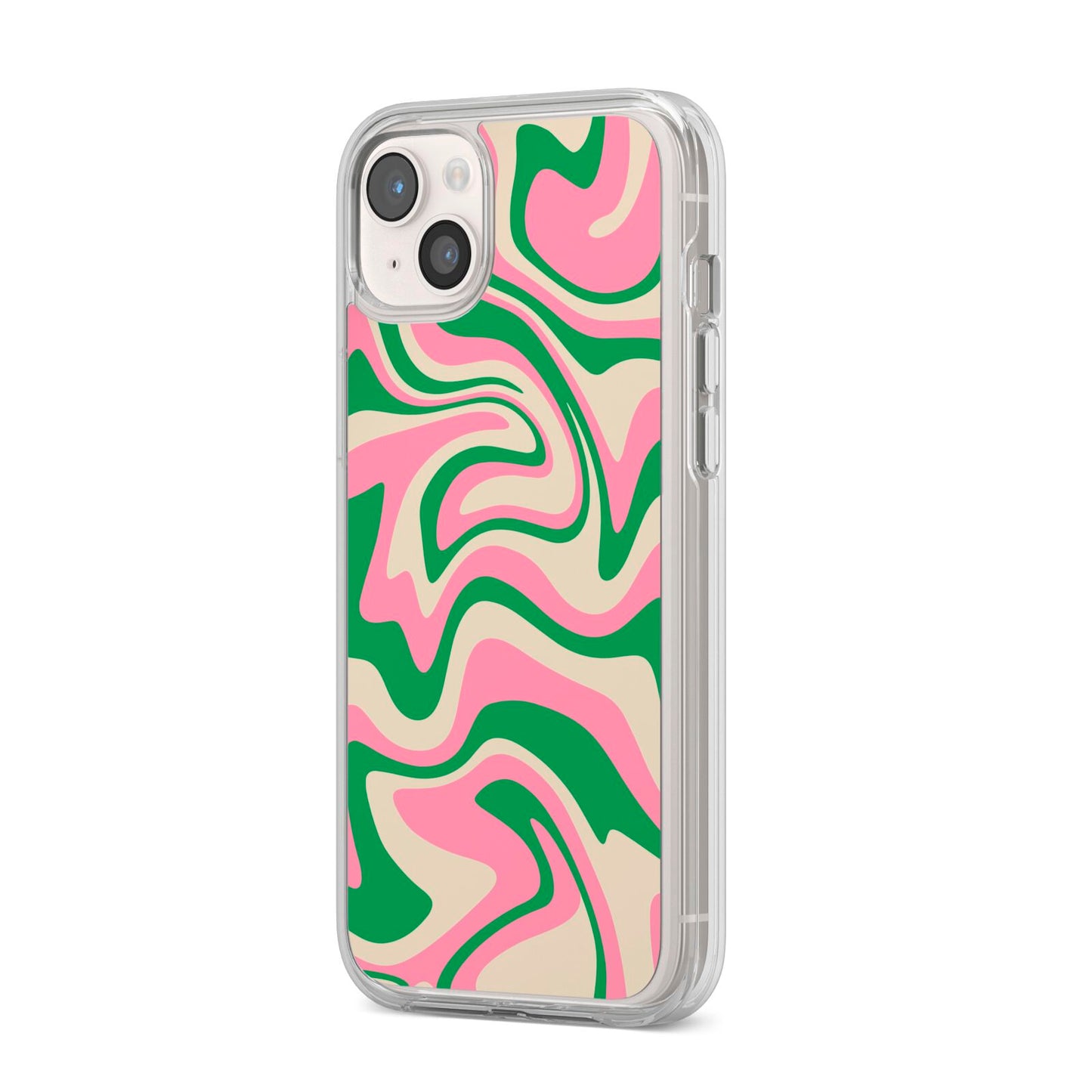 Pink And Green Swirl iPhone 14 Plus Clear Tough Case Starlight Angled Image