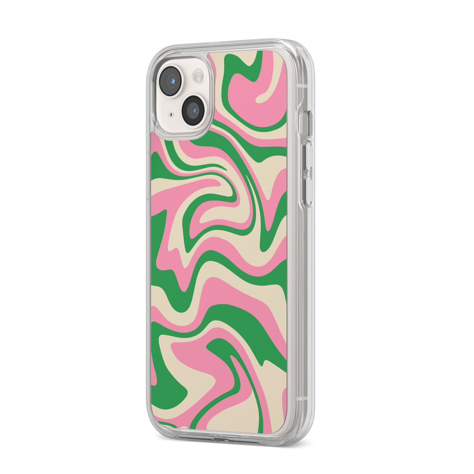 Pink And Green Swirl iPhone 14 Plus Clear Tough Case Starlight Angled Image