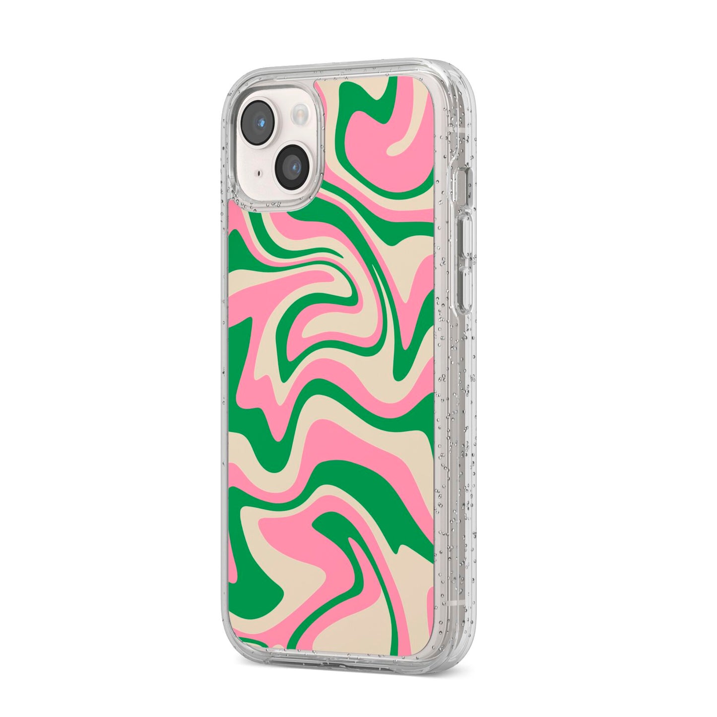 Pink And Green Swirl iPhone 14 Plus Glitter Tough Case Starlight Angled Image