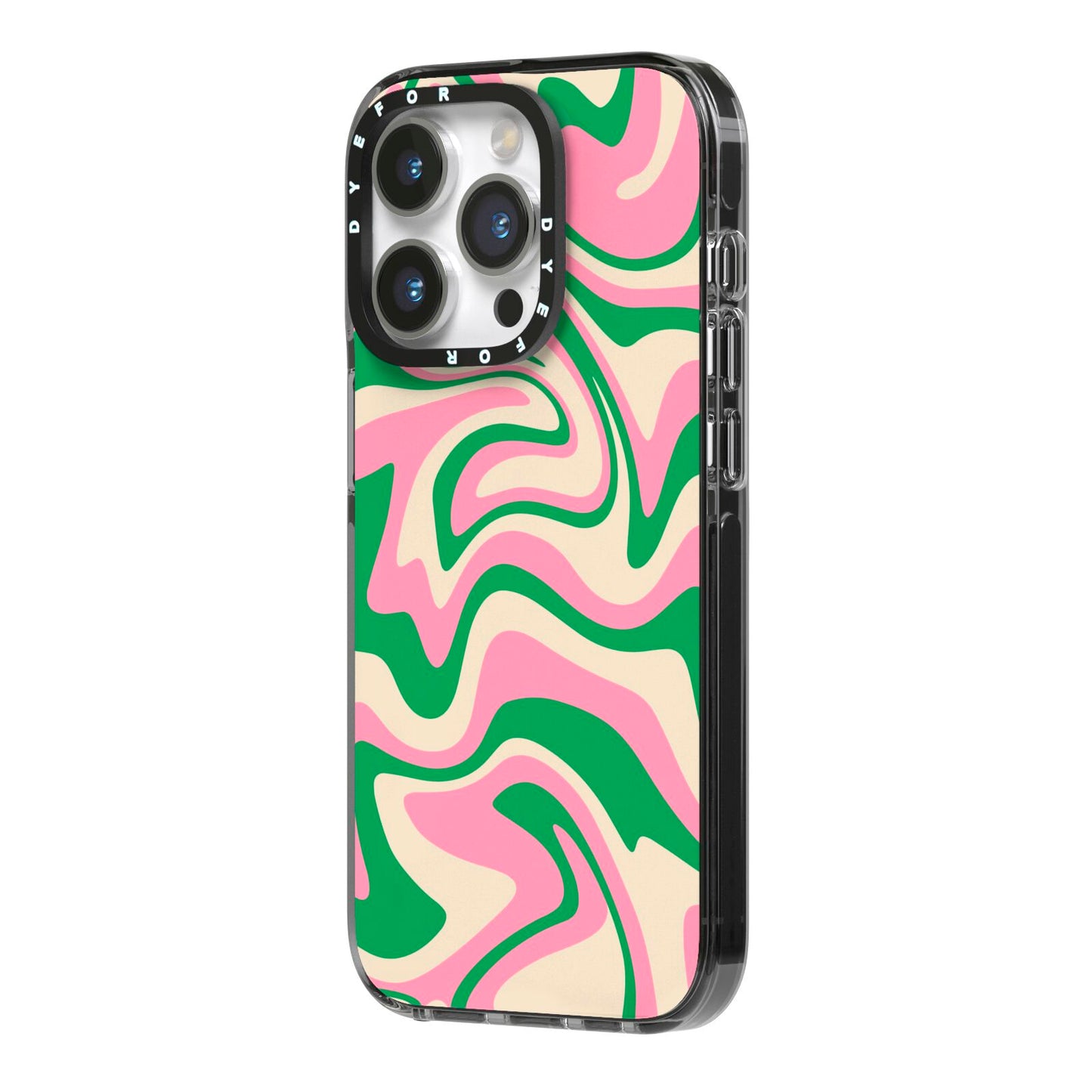 Pink And Green Swirl iPhone 14 Pro Black Impact Case Side Angle on Silver phone