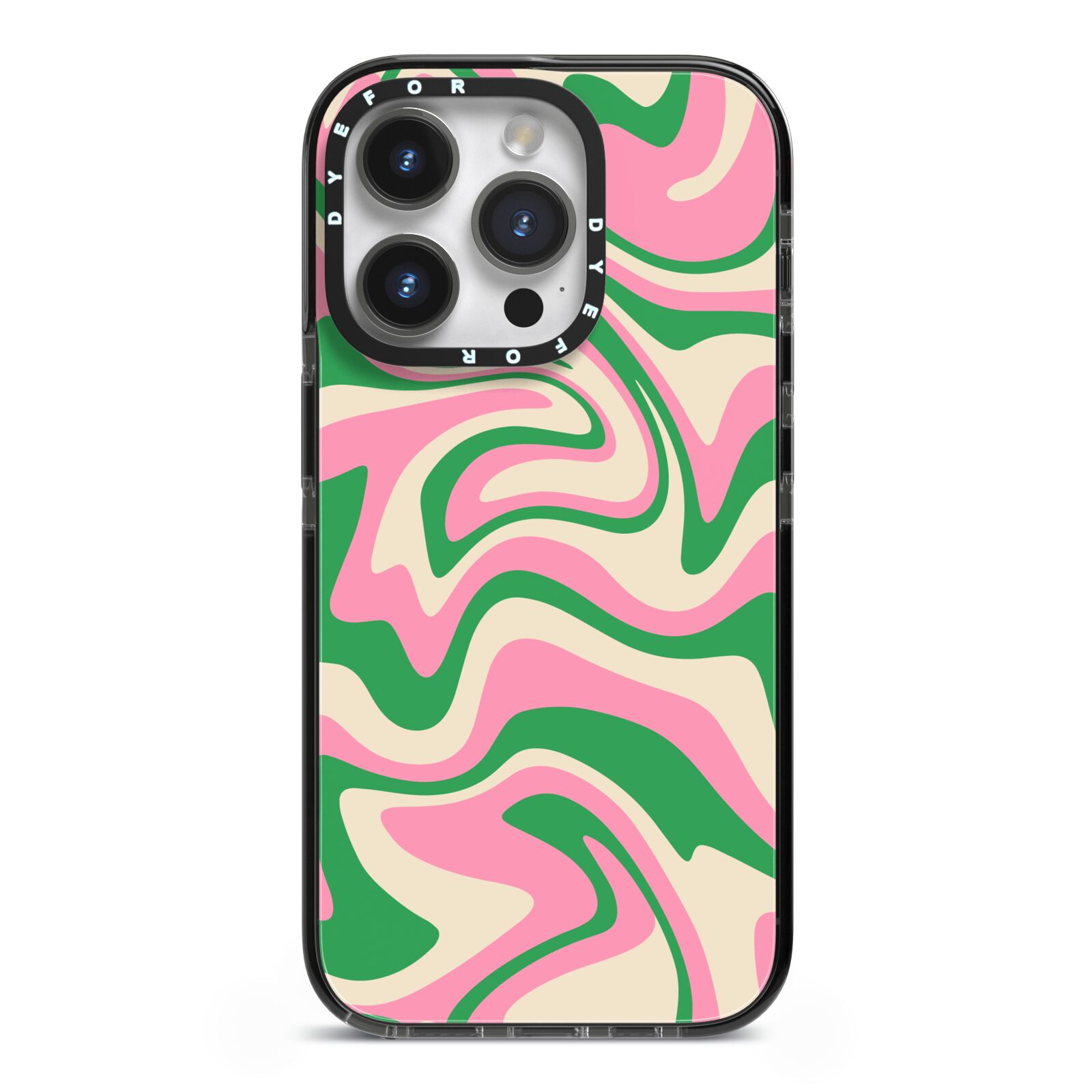 Pink And Green Swirl iPhone 14 Pro Black Impact Case on Silver phone