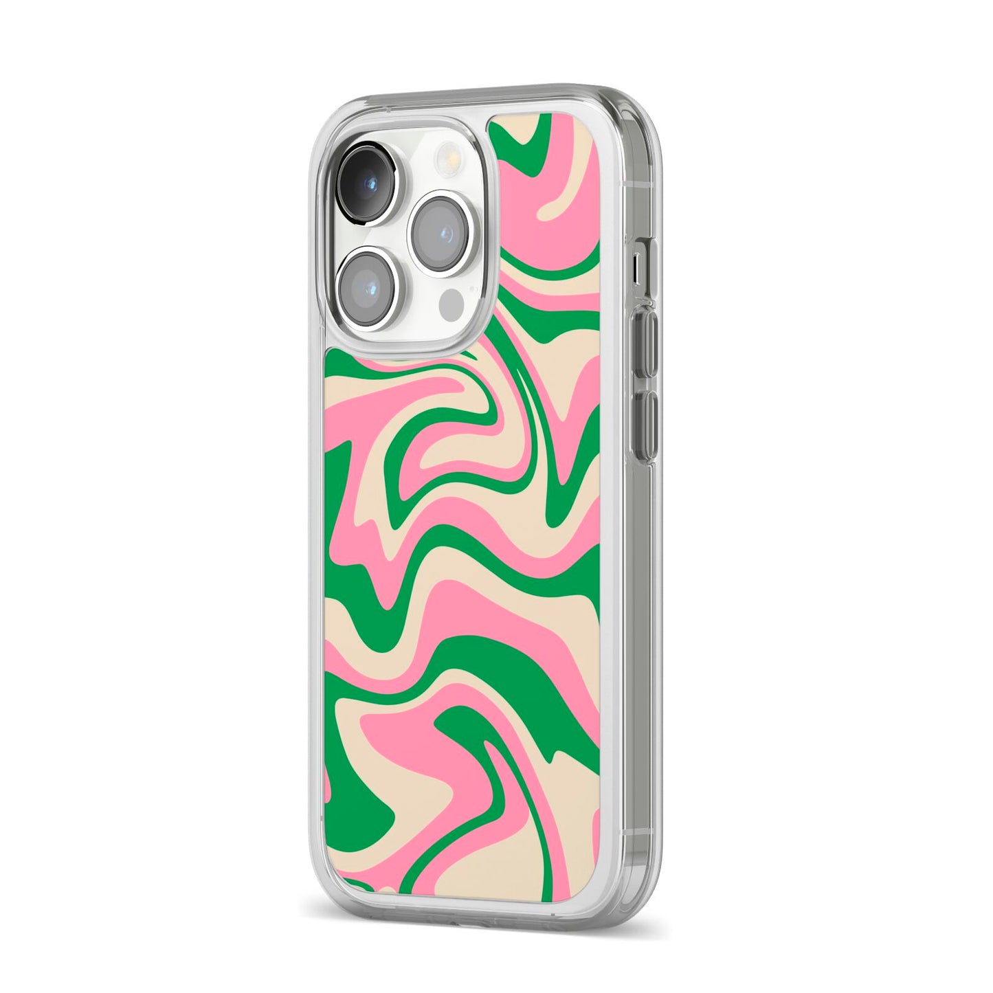 Pink And Green Swirl iPhone 14 Pro Clear Tough Case Silver Angled Image