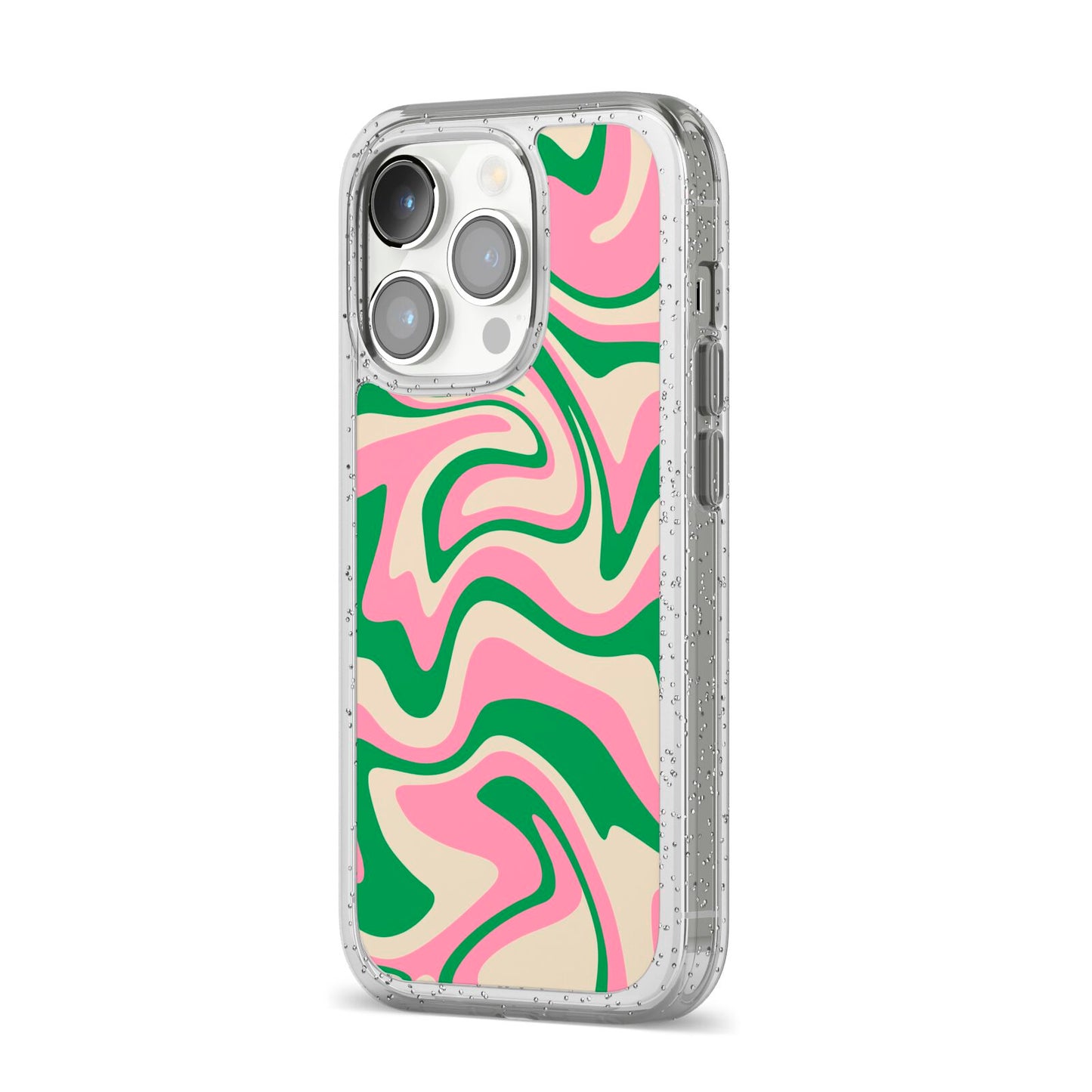 Pink And Green Swirl iPhone 14 Pro Glitter Tough Case Silver Angled Image