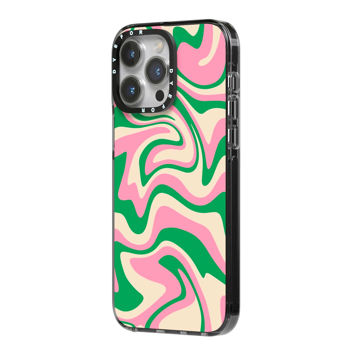 Pink And Green Swirl iPhone 14 Pro Max Black Impact Case Side Angle on Silver phone