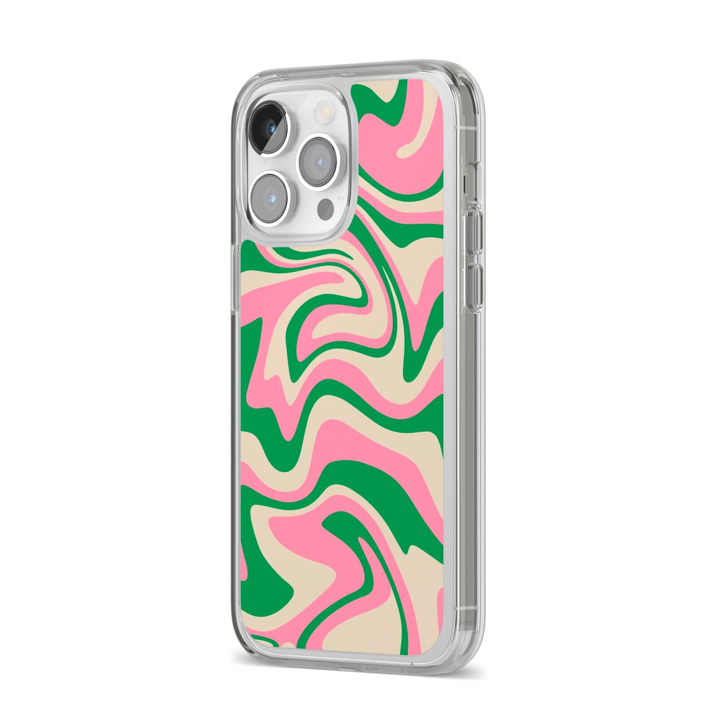 Pink And Green Swirl iPhone 14 Pro Max Clear Tough Case Silver Angled Image