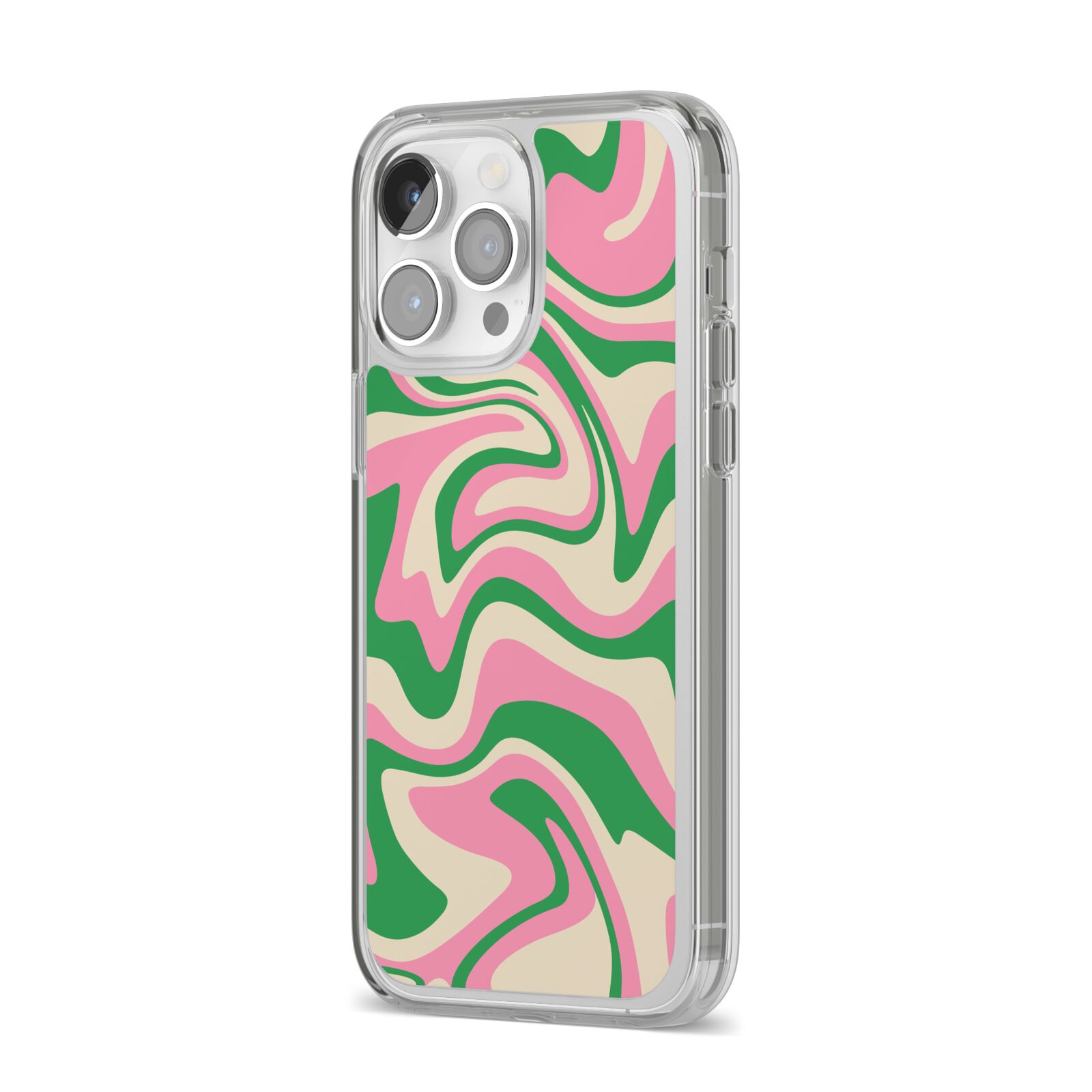 Pink And Green Swirl iPhone 14 Pro Max Clear Tough Case Silver Angled Image