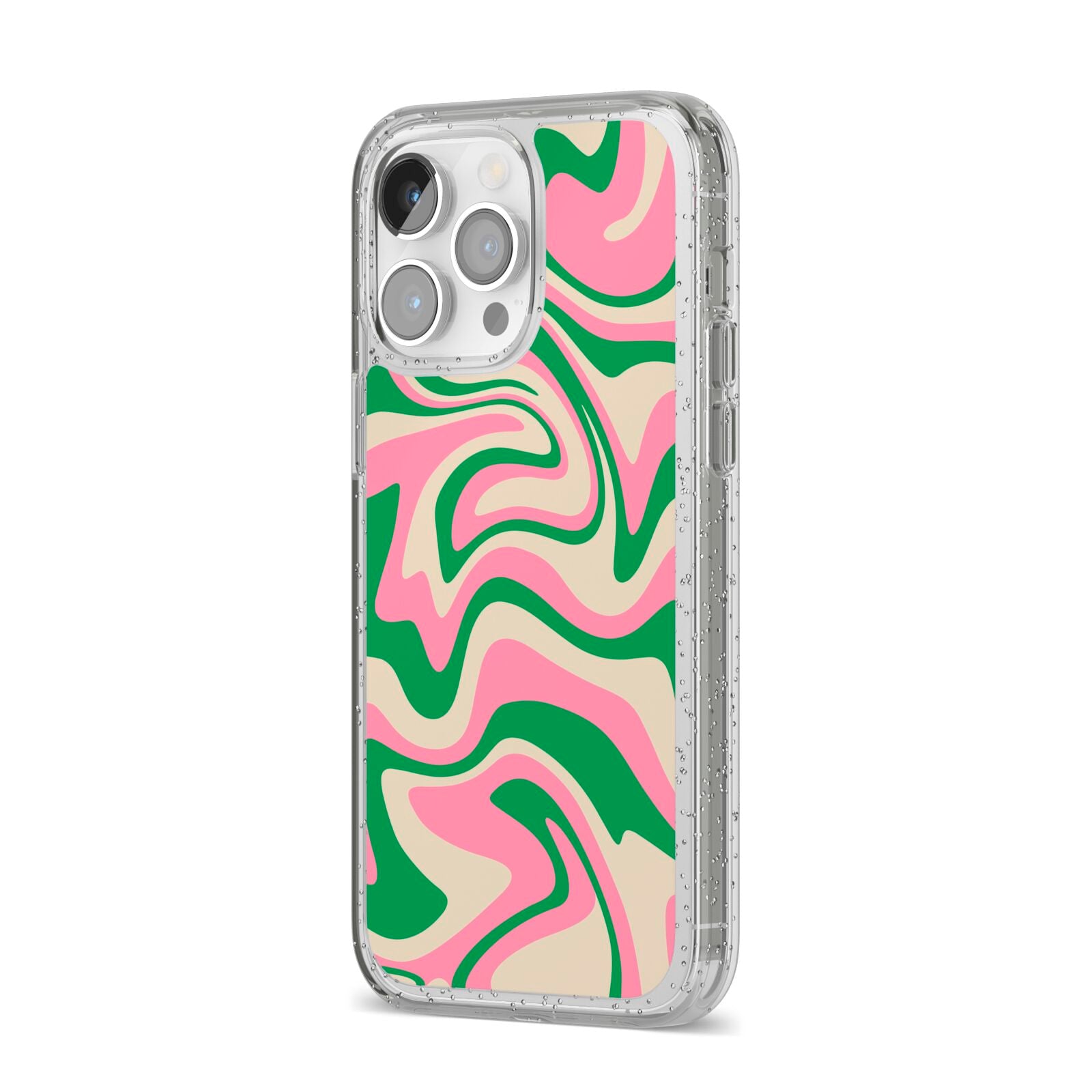 Pink And Green Swirl iPhone 14 Pro Max Glitter Tough Case Silver Angled Image