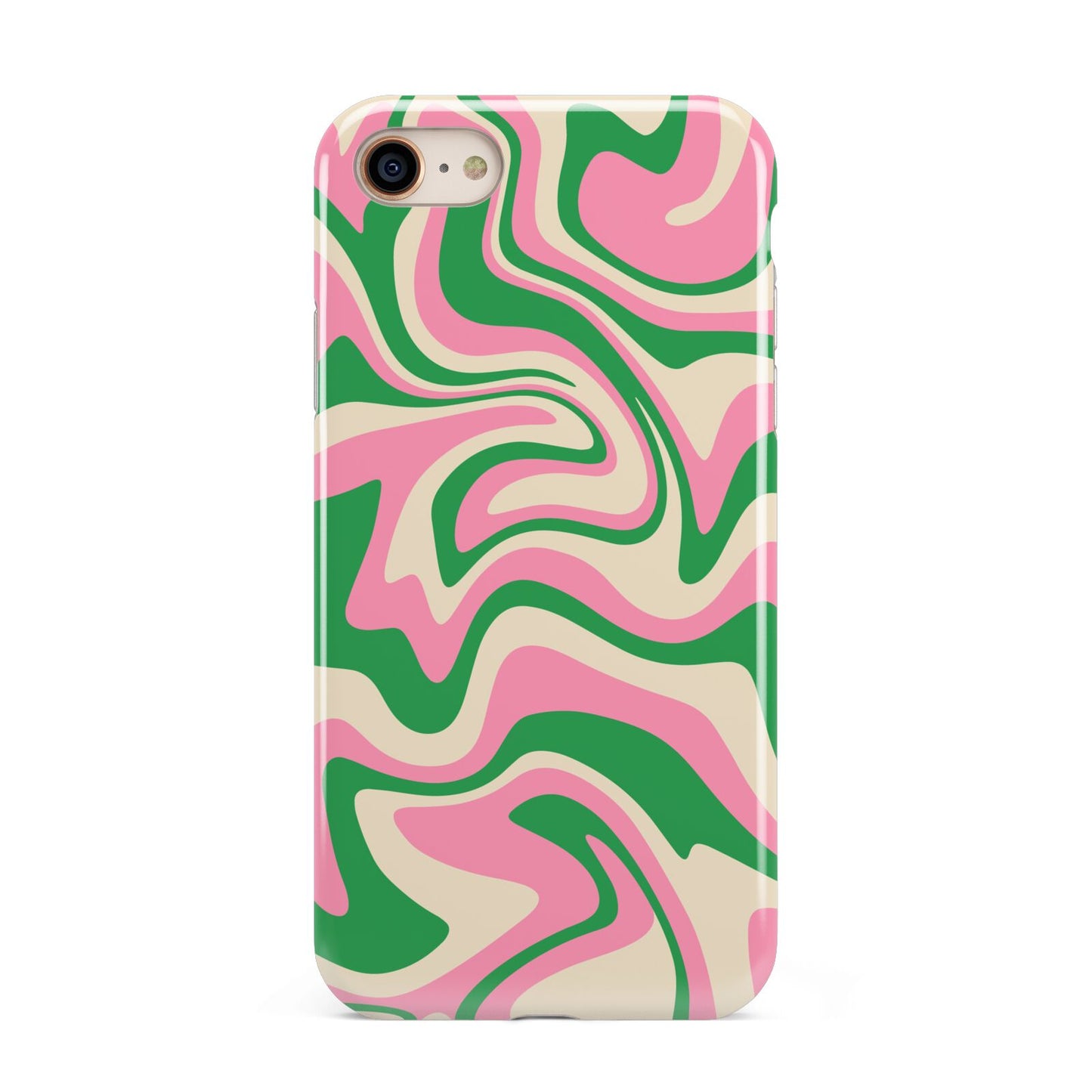 Pink And Green Swirl iPhone 8 3D Tough Case on Gold Phone