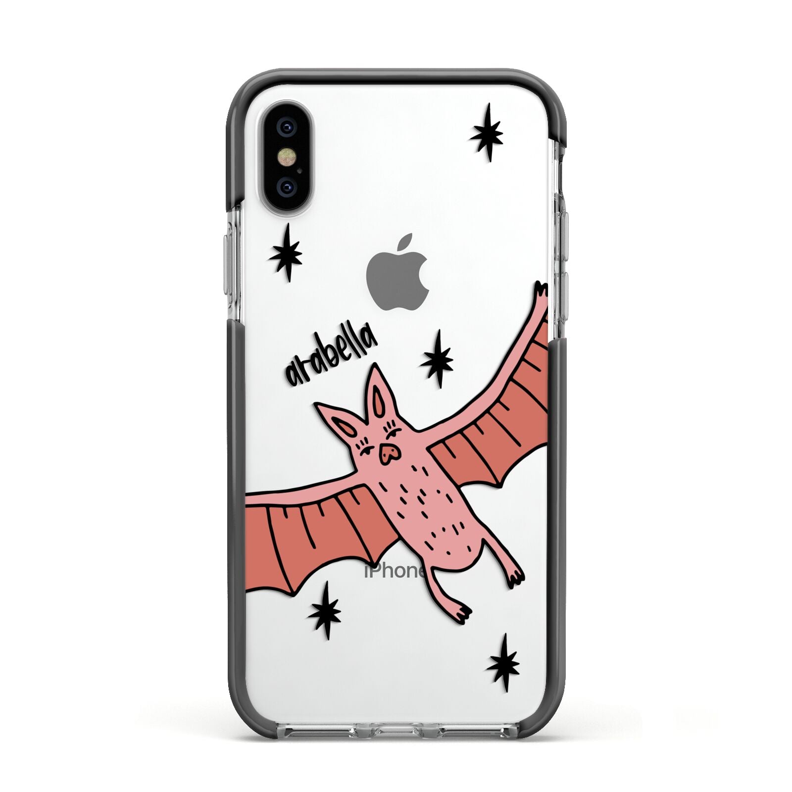 Pink Bat Personalised Halloween Apple iPhone Xs Impact Case Black Edge on Silver Phone