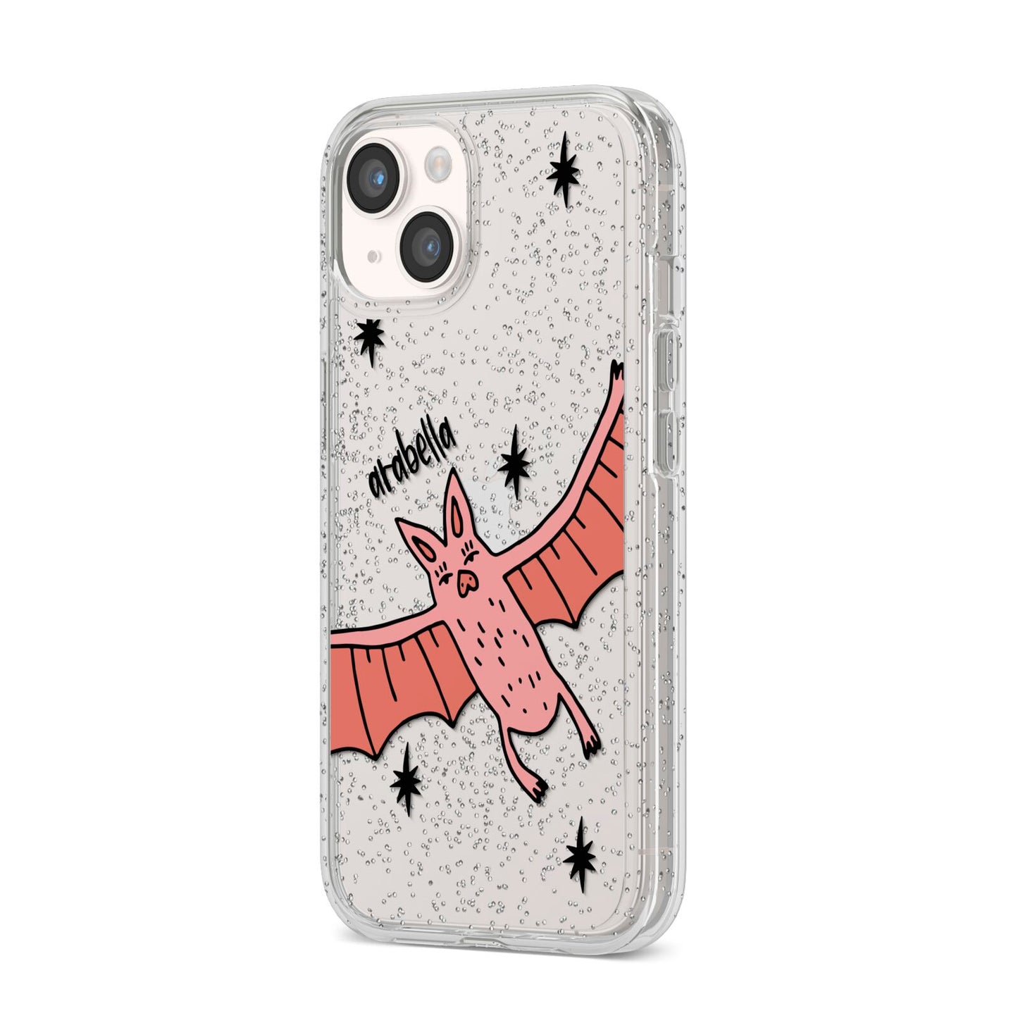 Pink Bat Personalised Halloween iPhone 14 Glitter Tough Case Starlight Angled Image