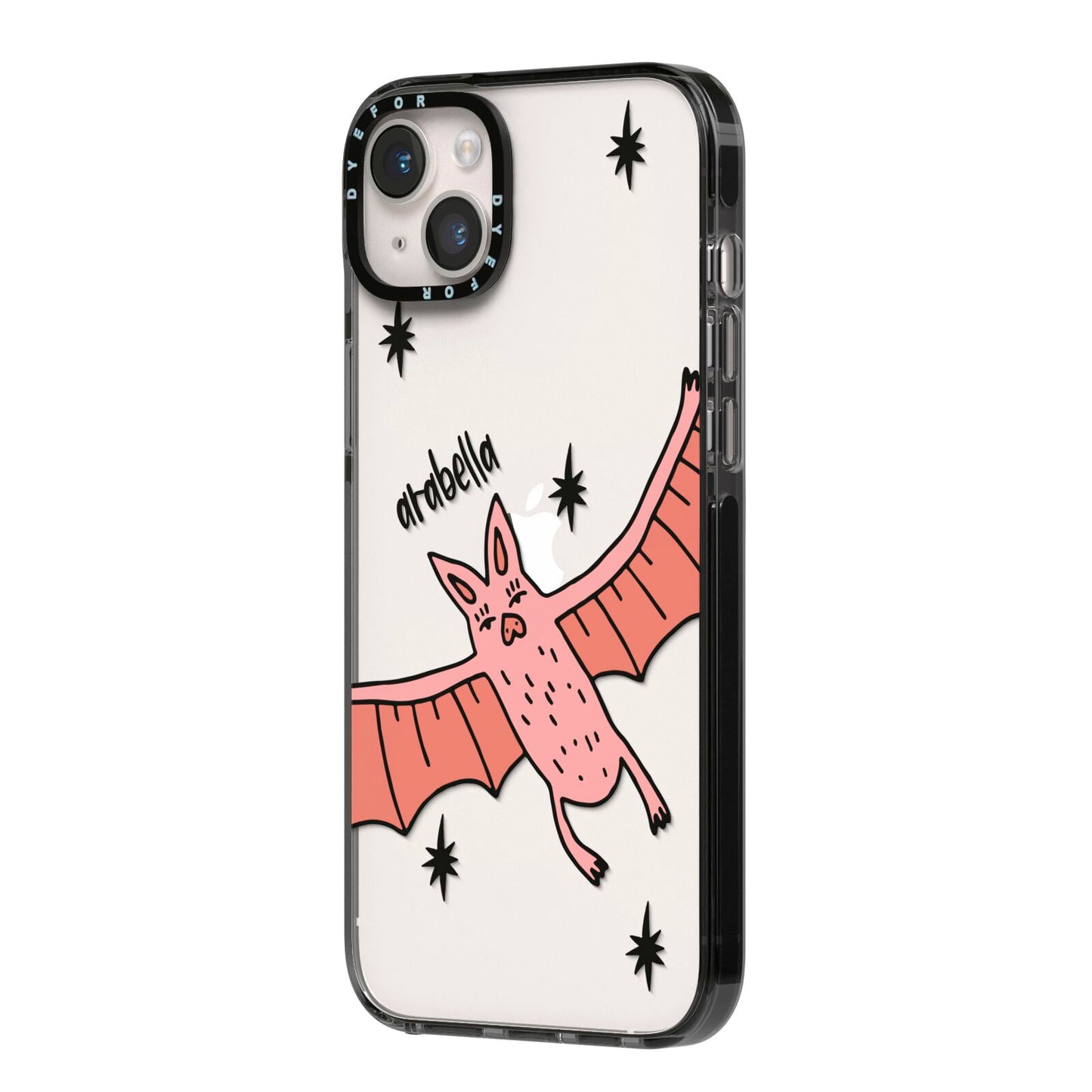 Pink Bat Personalised Halloween iPhone 14 Plus Black Impact Case Side Angle on Silver phone