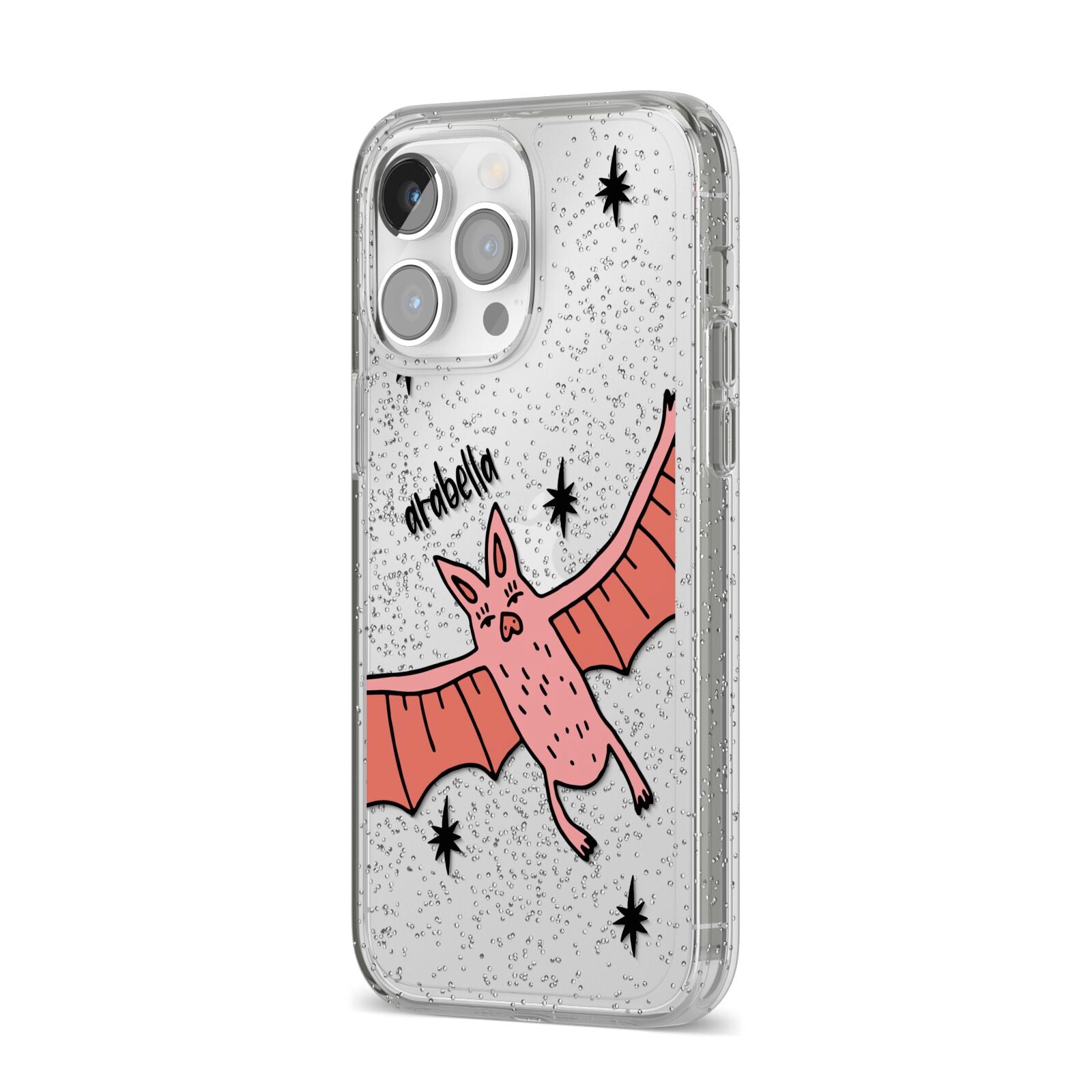 Pink Bat Personalised Halloween iPhone 14 Pro Max Glitter Tough Case Silver Angled Image