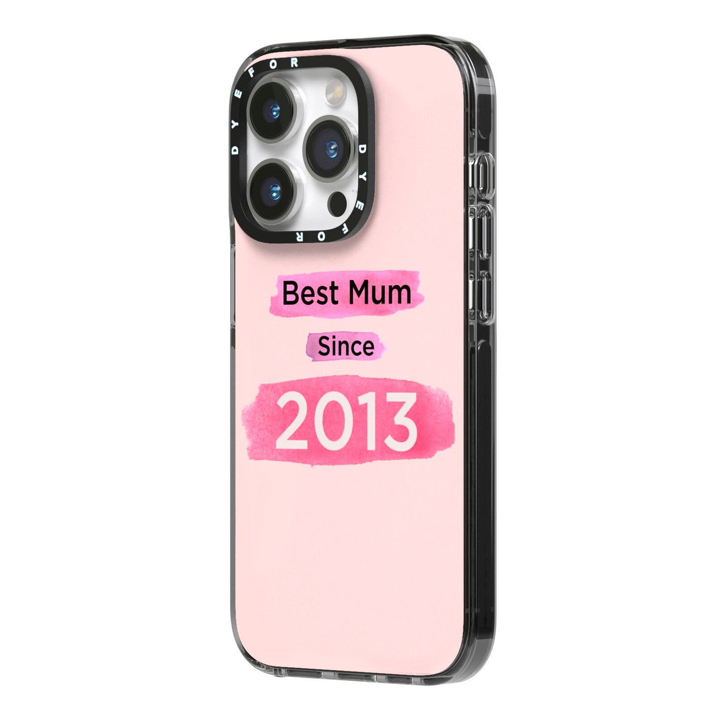 Pink Best Mum iPhone 14 Pro Black Impact Case Side Angle on Silver phone