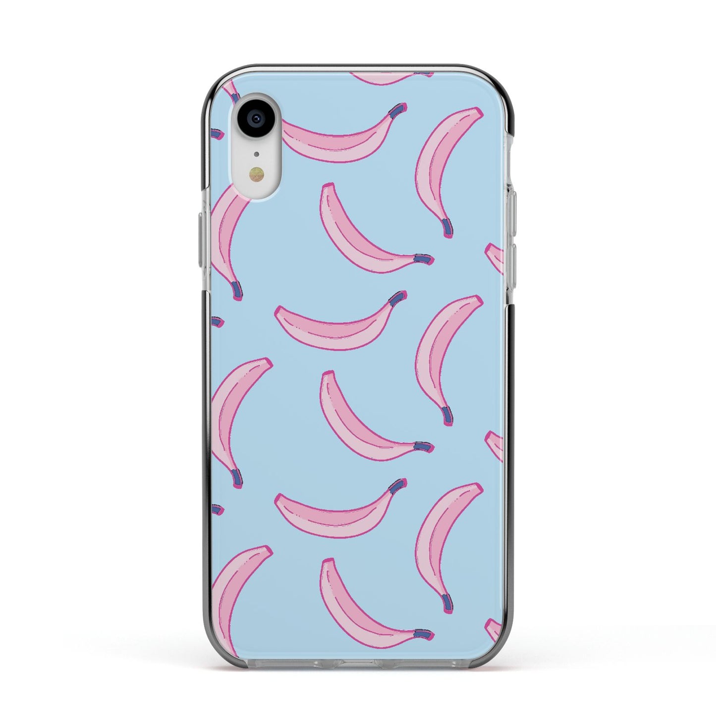 Pink Blue Bannana Fruit Apple iPhone XR Impact Case Black Edge on Silver Phone