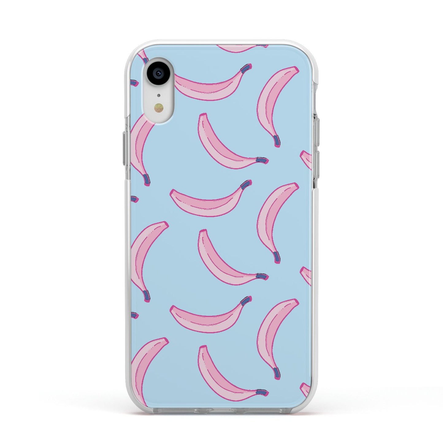 Pink Blue Bannana Fruit Apple iPhone XR Impact Case White Edge on Silver Phone