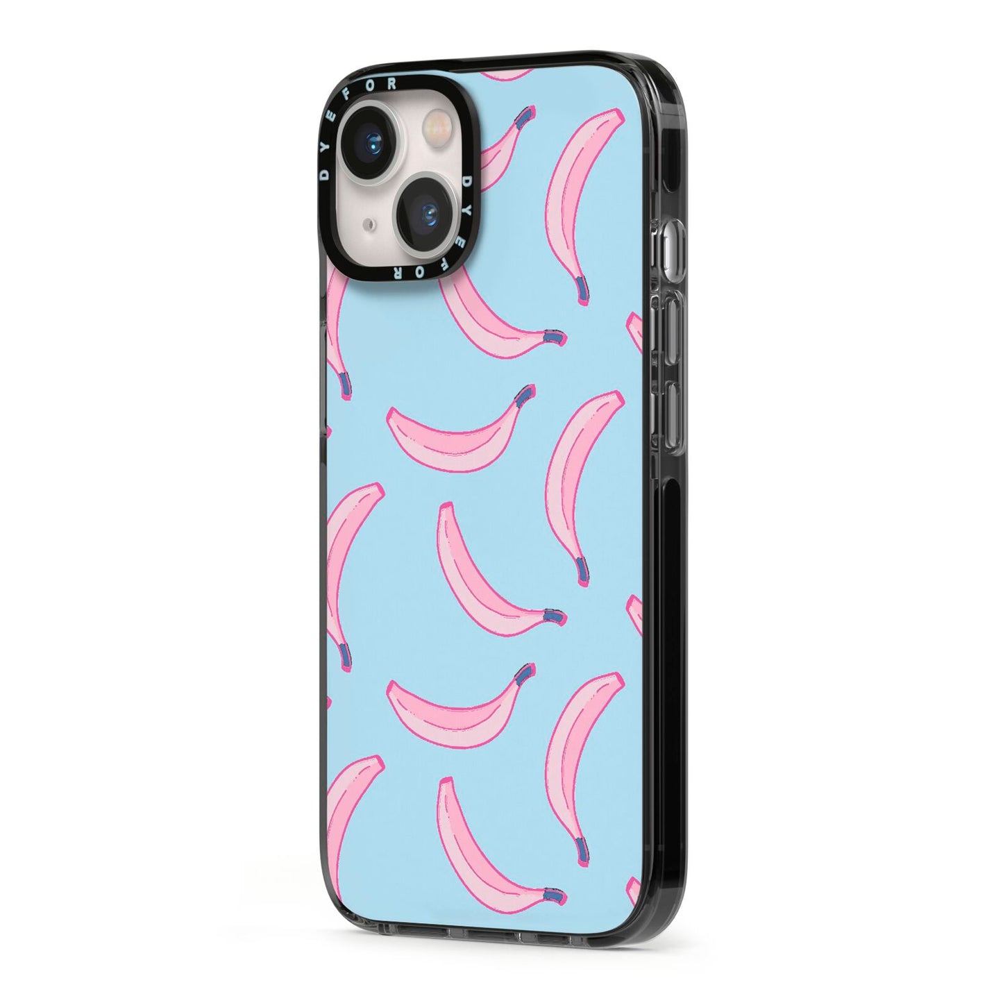 Pink Blue Bannana Fruit iPhone 13 Black Impact Case Side Angle on Silver phone