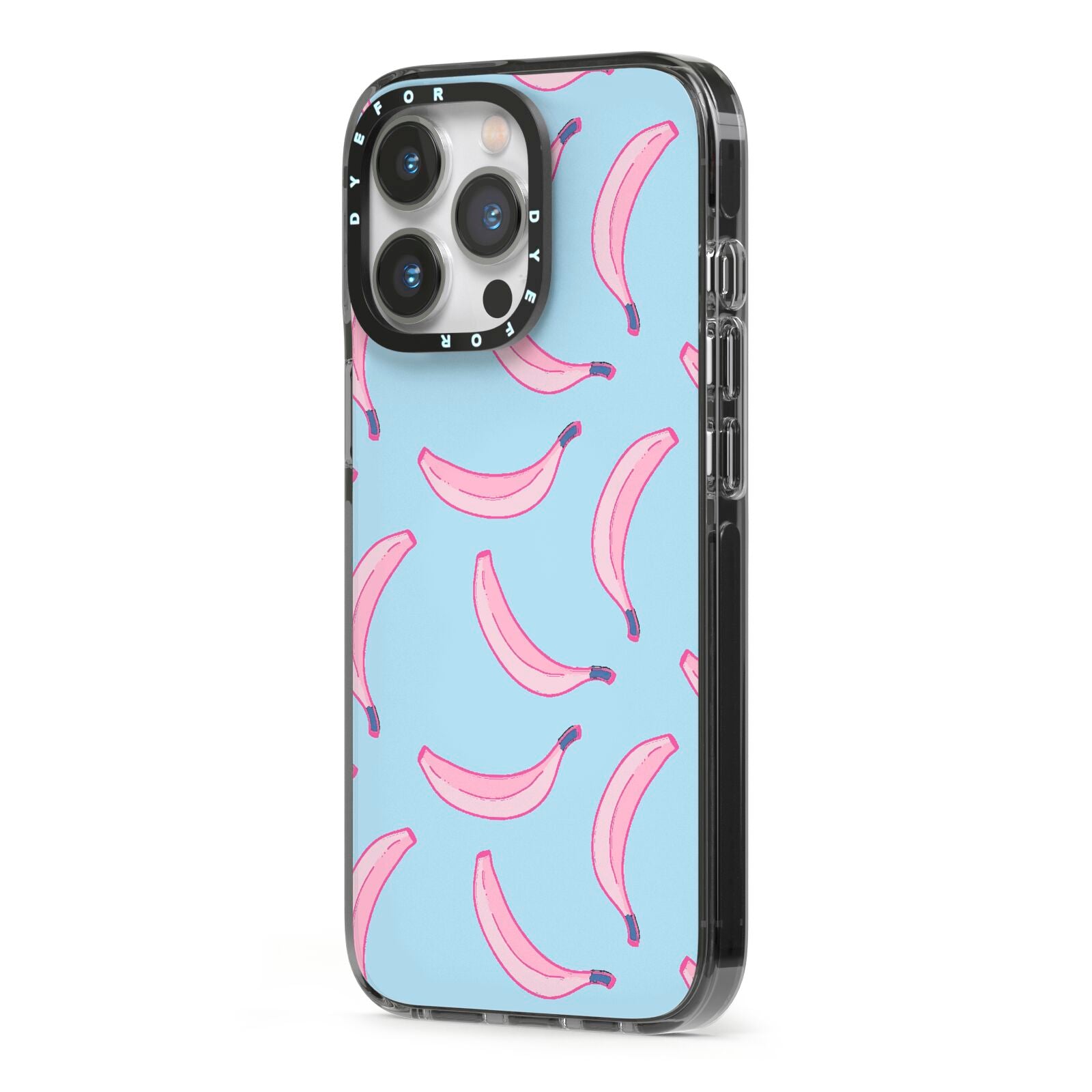 Pink Blue Bannana Fruit iPhone 13 Pro Black Impact Case Side Angle on Silver phone