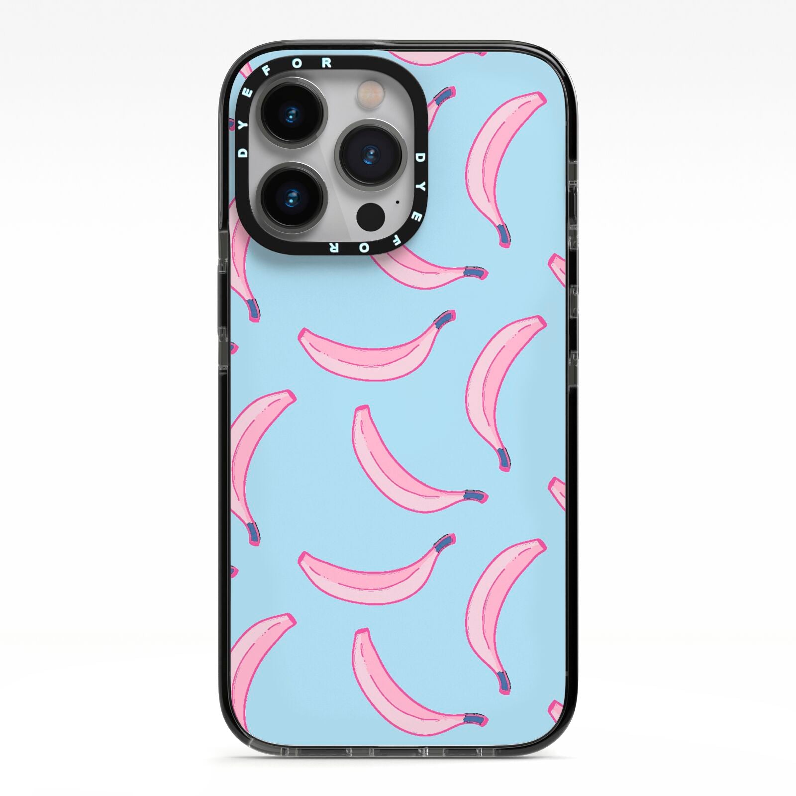 Pink Blue Bannana Fruit iPhone 13 Pro Black Impact Case on Silver phone