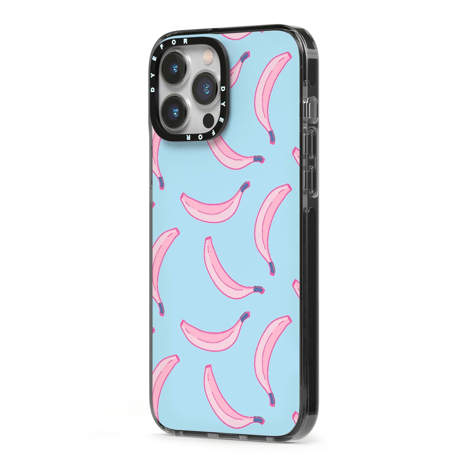 Pink Blue Bannana Fruit iPhone 13 Pro Max Black Impact Case Side Angle on Silver phone