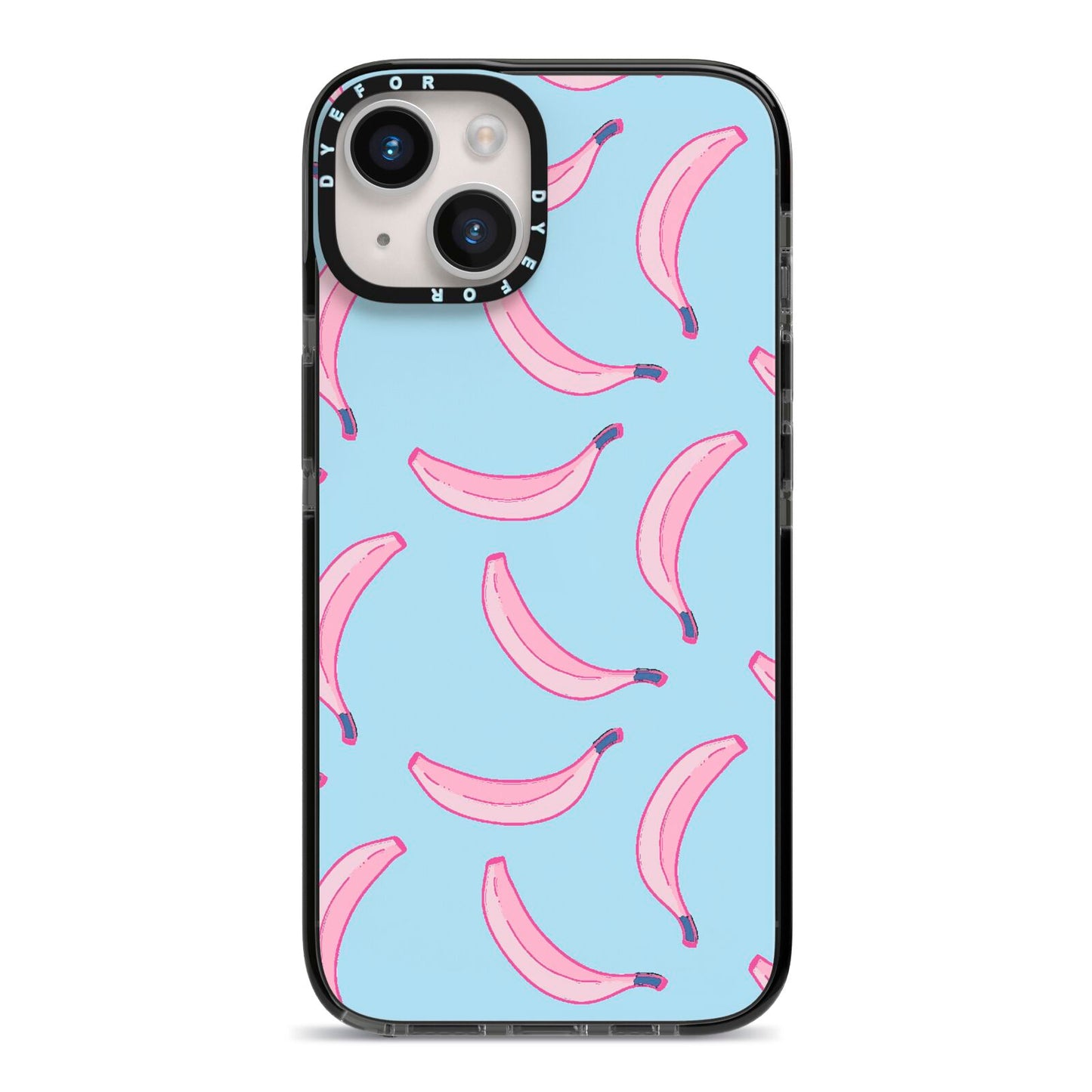 Pink Blue Bannana Fruit iPhone 14 Black Impact Case on Silver phone