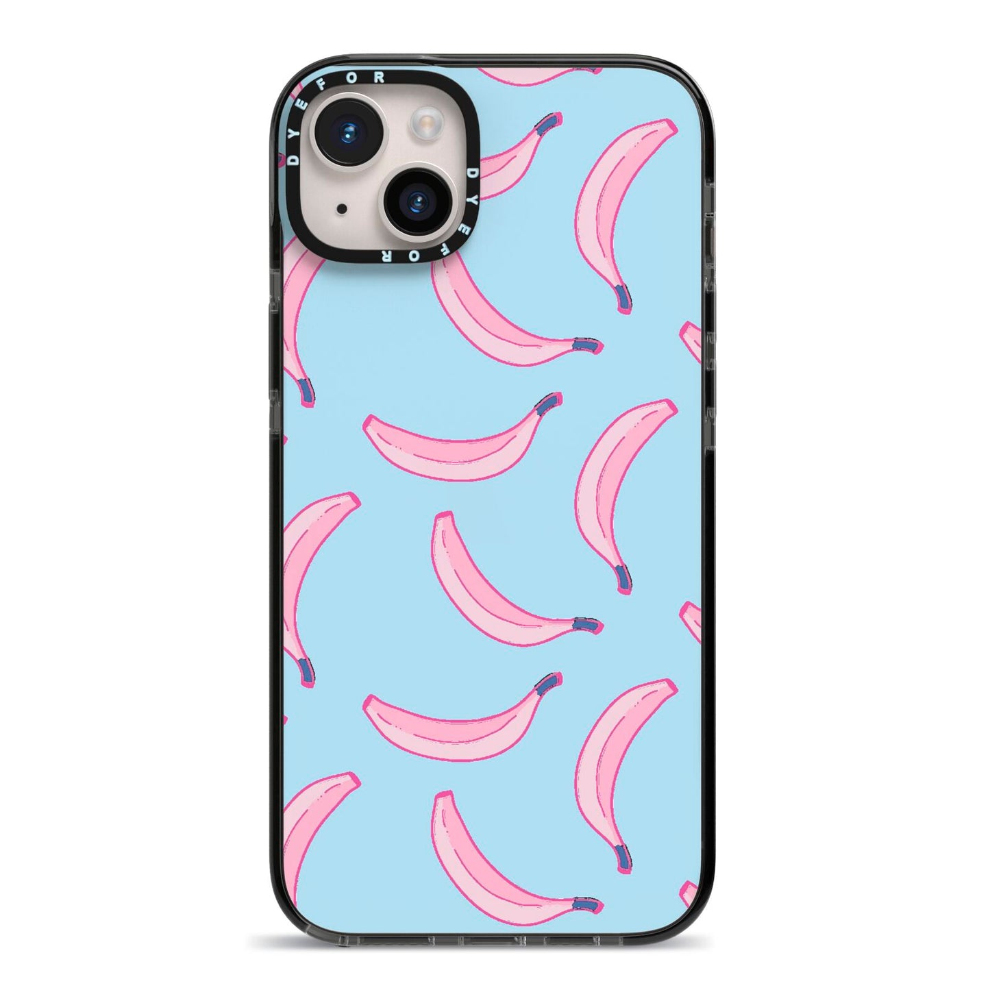 Pink Blue Bannana Fruit iPhone 14 Plus Black Impact Case on Silver phone